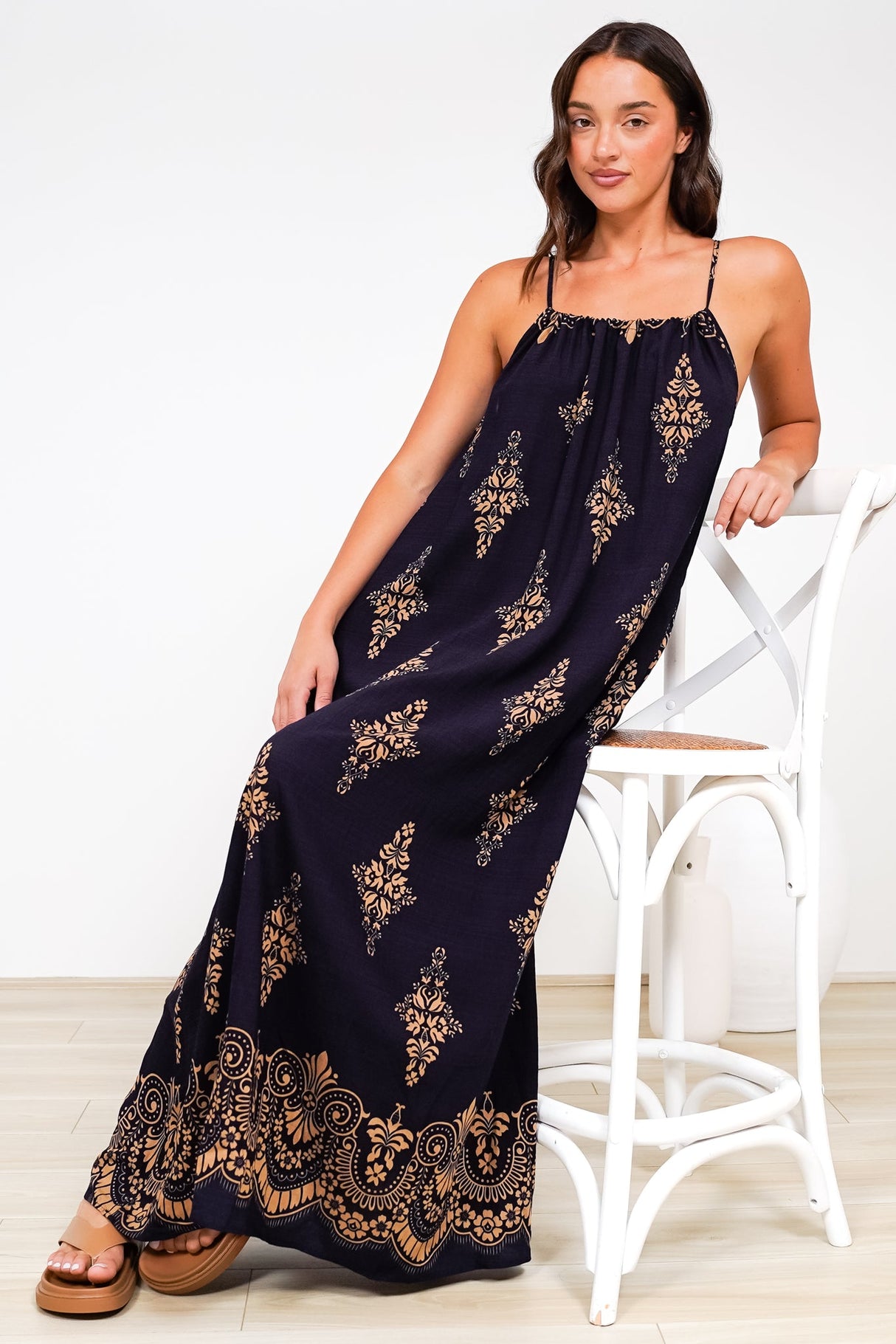 Milani Maxi Dress - Adjustable Halter Neck Sun Dress in Lannie Print Navy