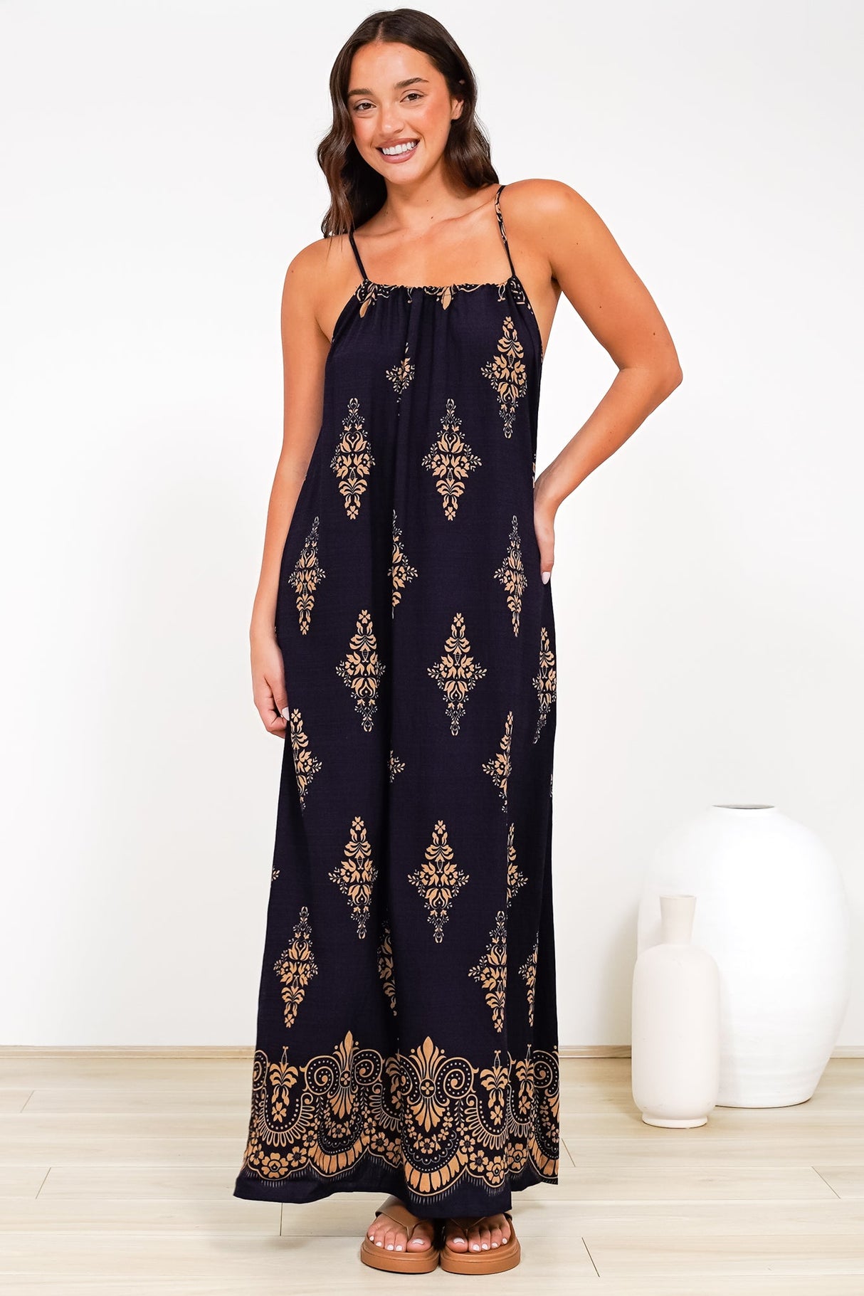 Milani Maxi Dress - Adjustable Halter Neck Sun Dress in Lannie Print Navy