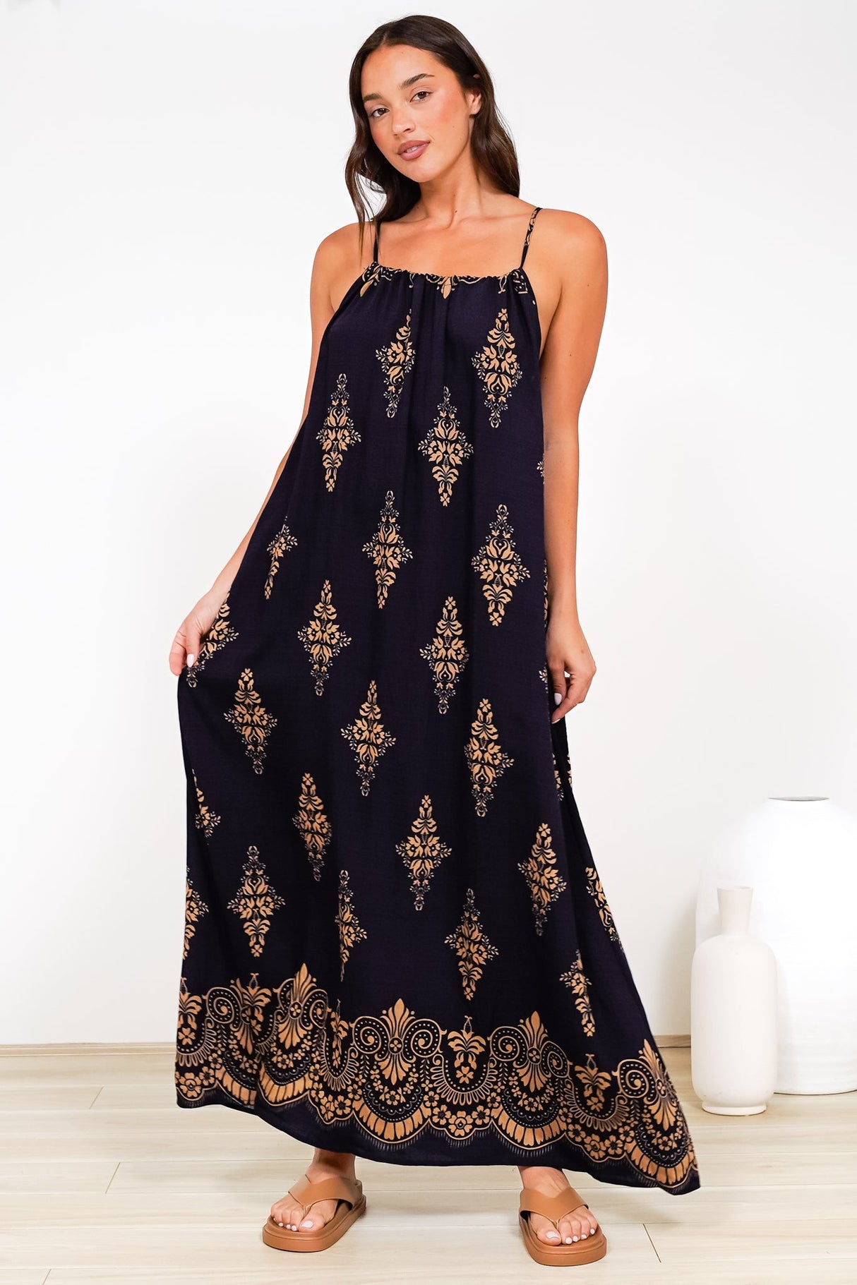 Milani Maxi Dress - Adjustable Halter Neck Sun Dress in Lannie Print Navy
