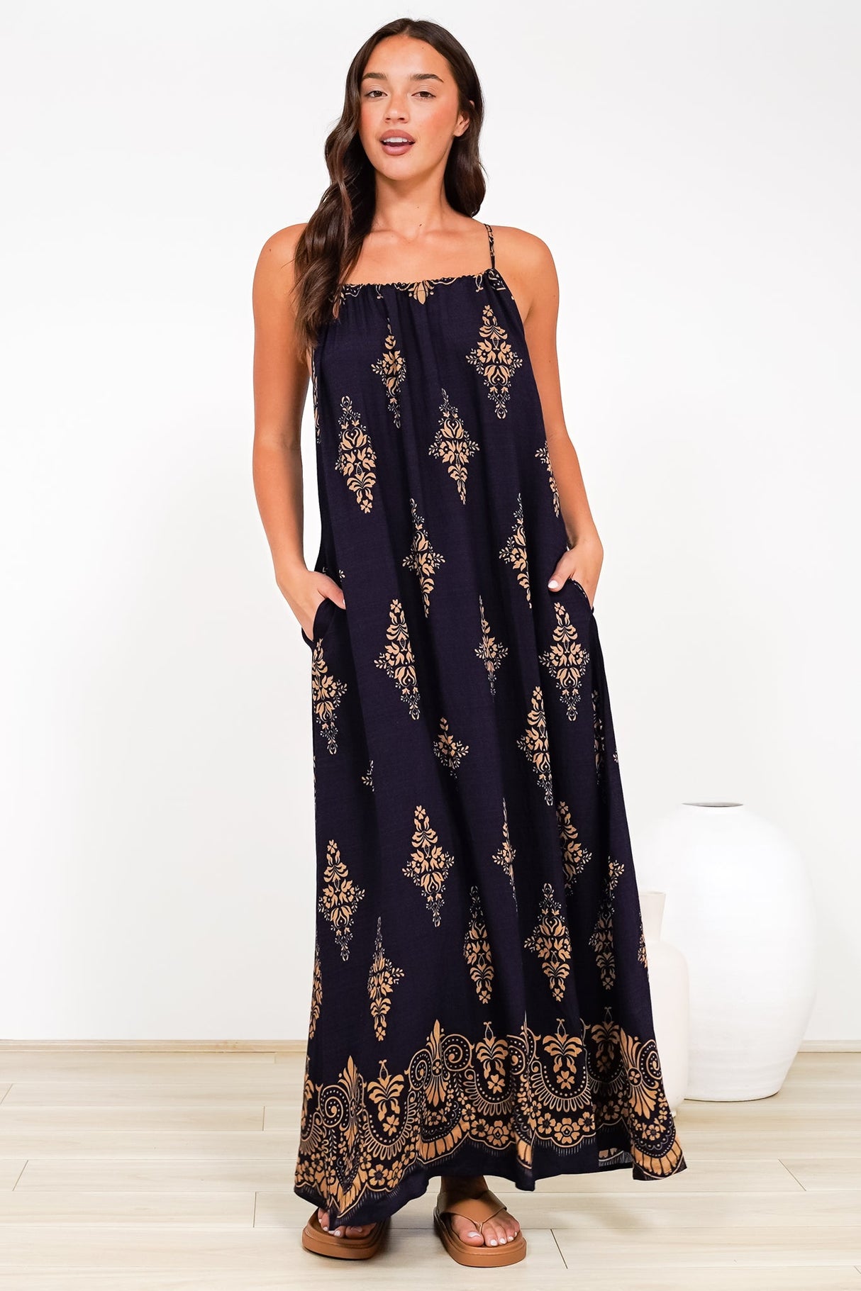 Milani Maxi Dress - Adjustable Halter Neck Sun Dress in Lannie Print Navy