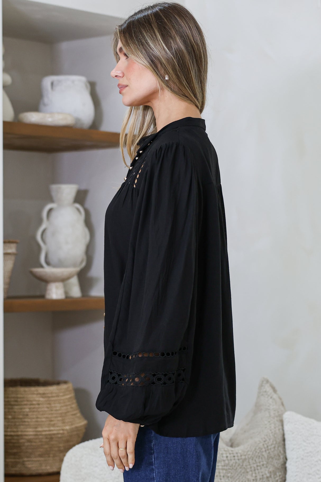 Milano Blouse - Mandarin Collar Button Down with Delicate Lace Cut-Out Detailing in Black