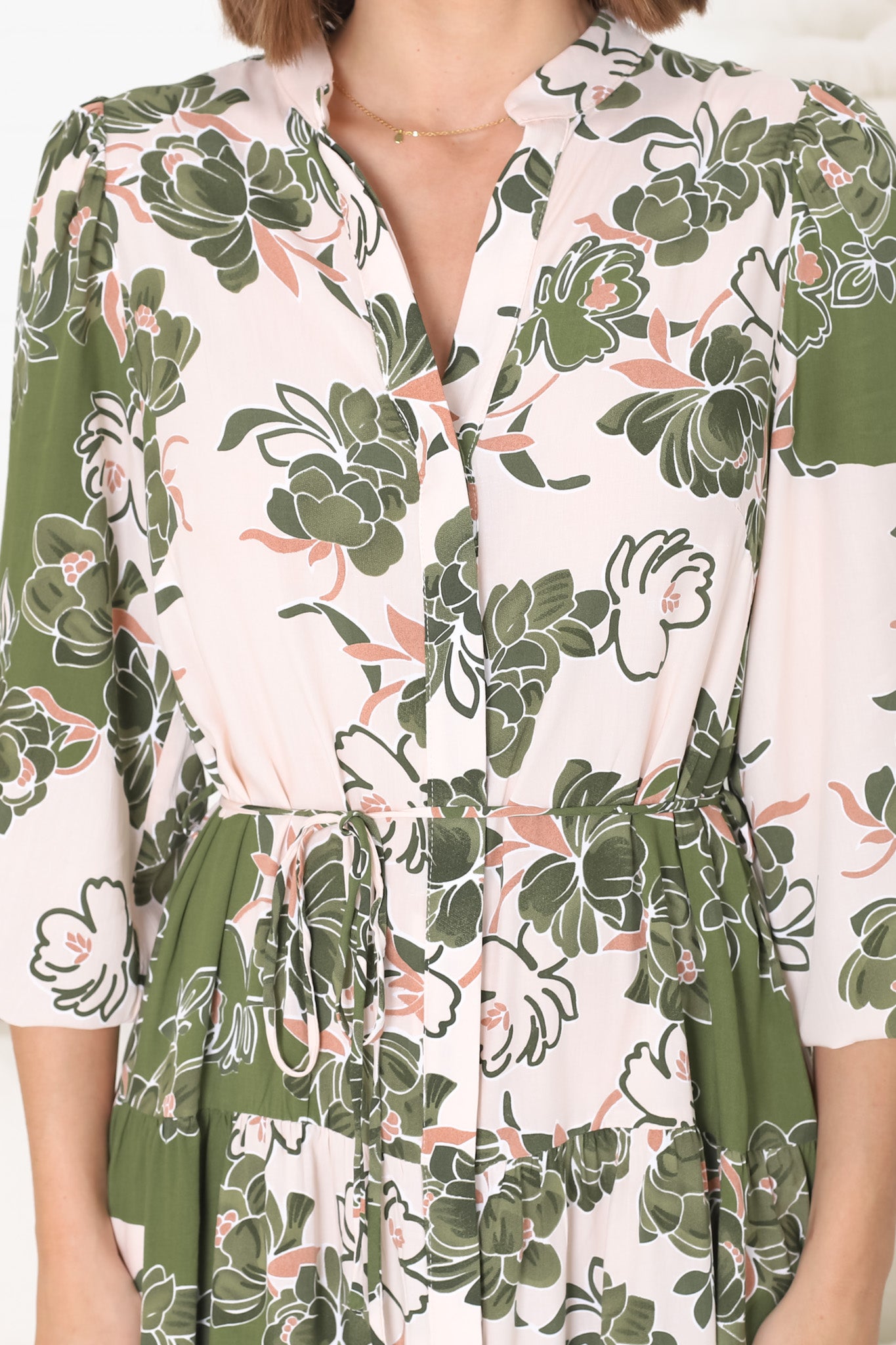 Milie Midi Dress - Mandarin Collar Button Down Dress With Belt In Dora Print Green