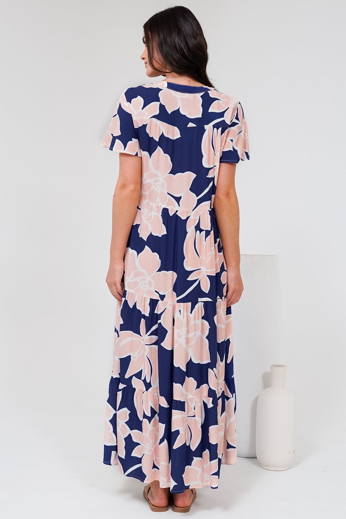 Milla Midi Dress - Tiered Button Down Dress in Jetson Print Navy