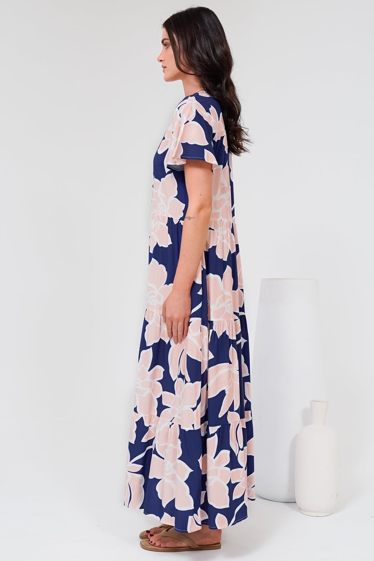 Milla Midi Dress - Tiered Button Down Dress in Jetson Print Navy