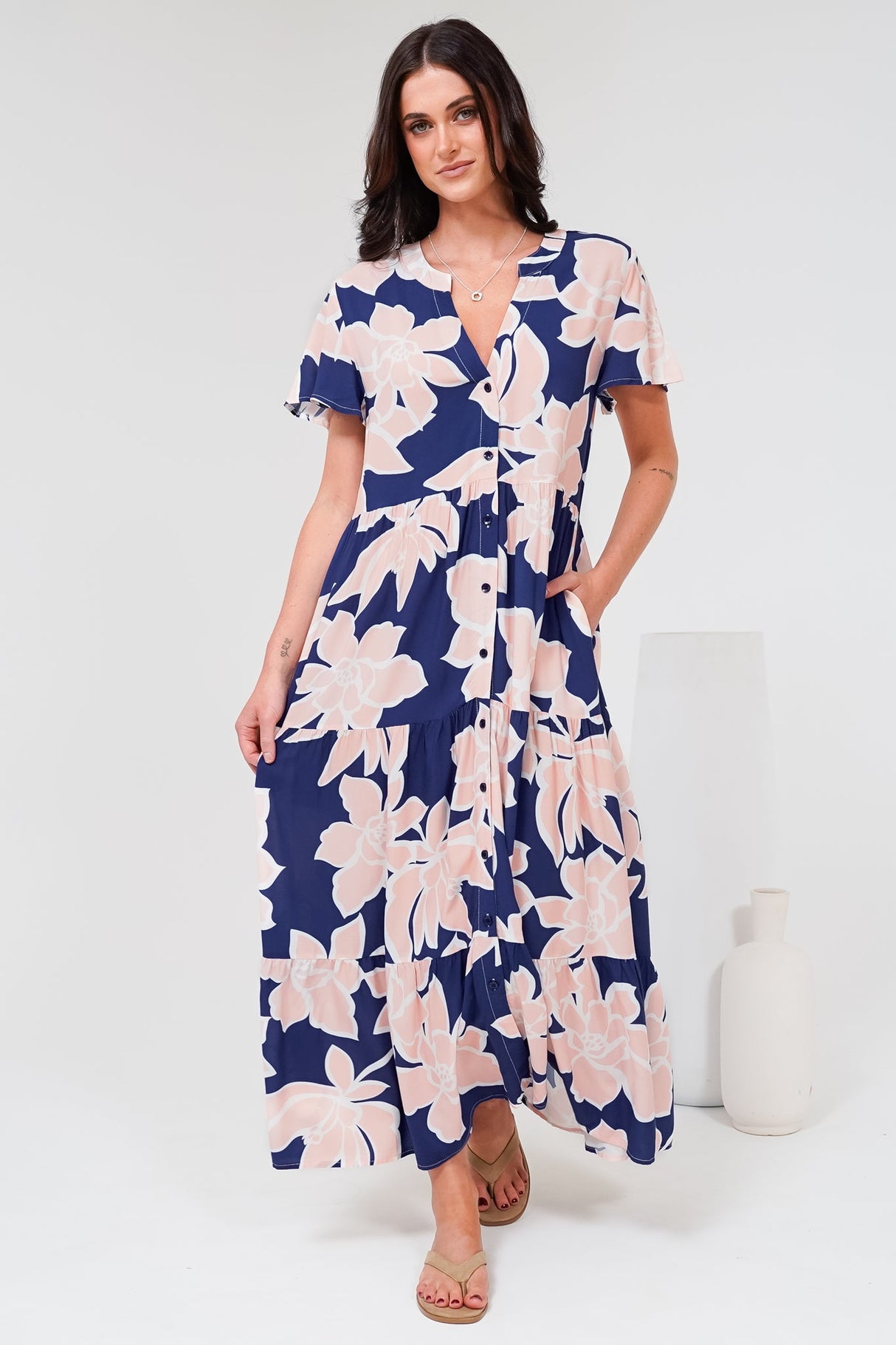 Milla Midi Dress - Tiered Button Down Dress in Jetson Print Navy
