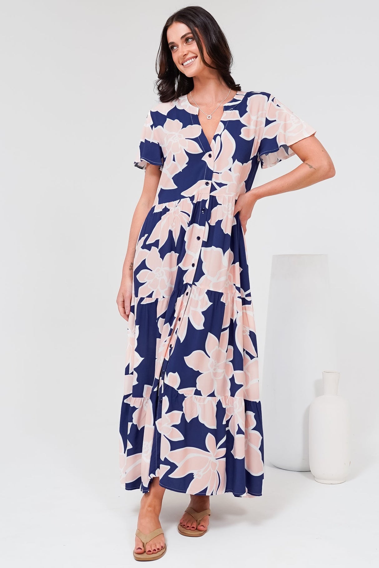 Milla Midi Dress - Tiered Button Down Dress in Jetson Print Navy
