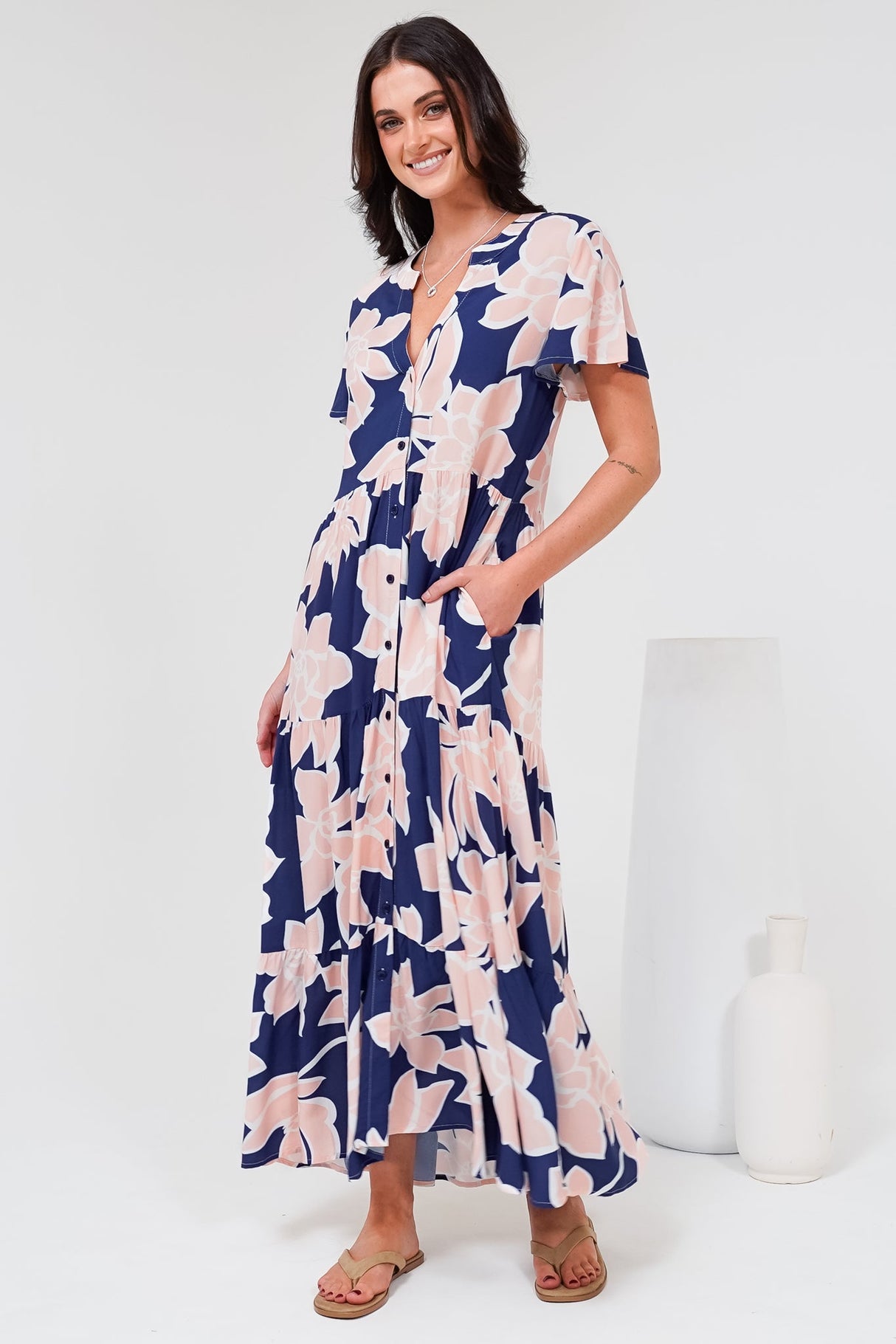 Milla Midi Dress - Tiered Button Down Dress in Jetson Print Navy