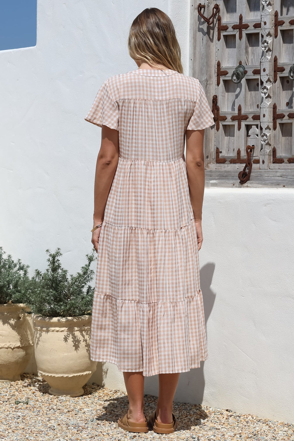 Milla Midi Dress - Tiered Button Down Dress in Gingham Mistee Print Beige