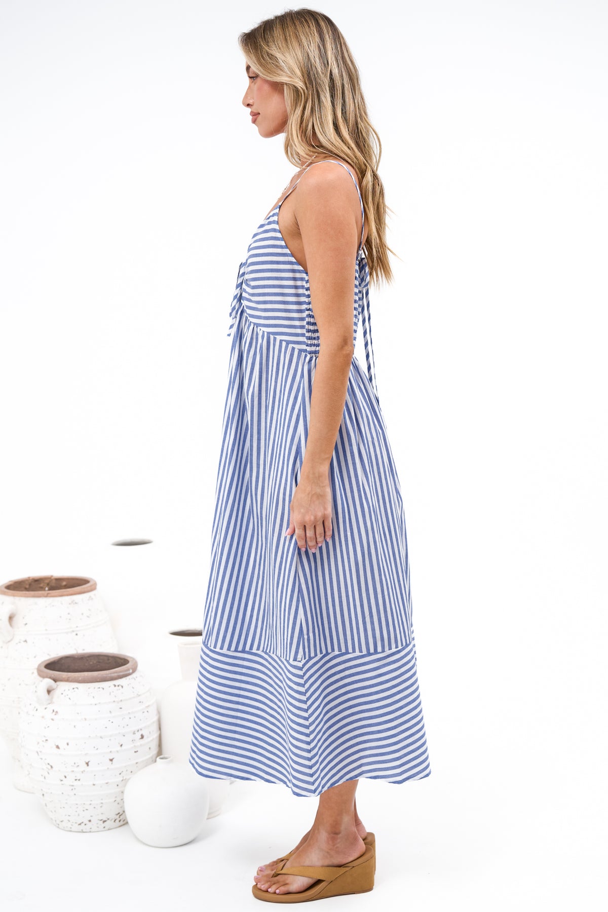 Miller Midi Dress - Tie Front V Neck Embroidered Dress with Pockets in Blue Stripe