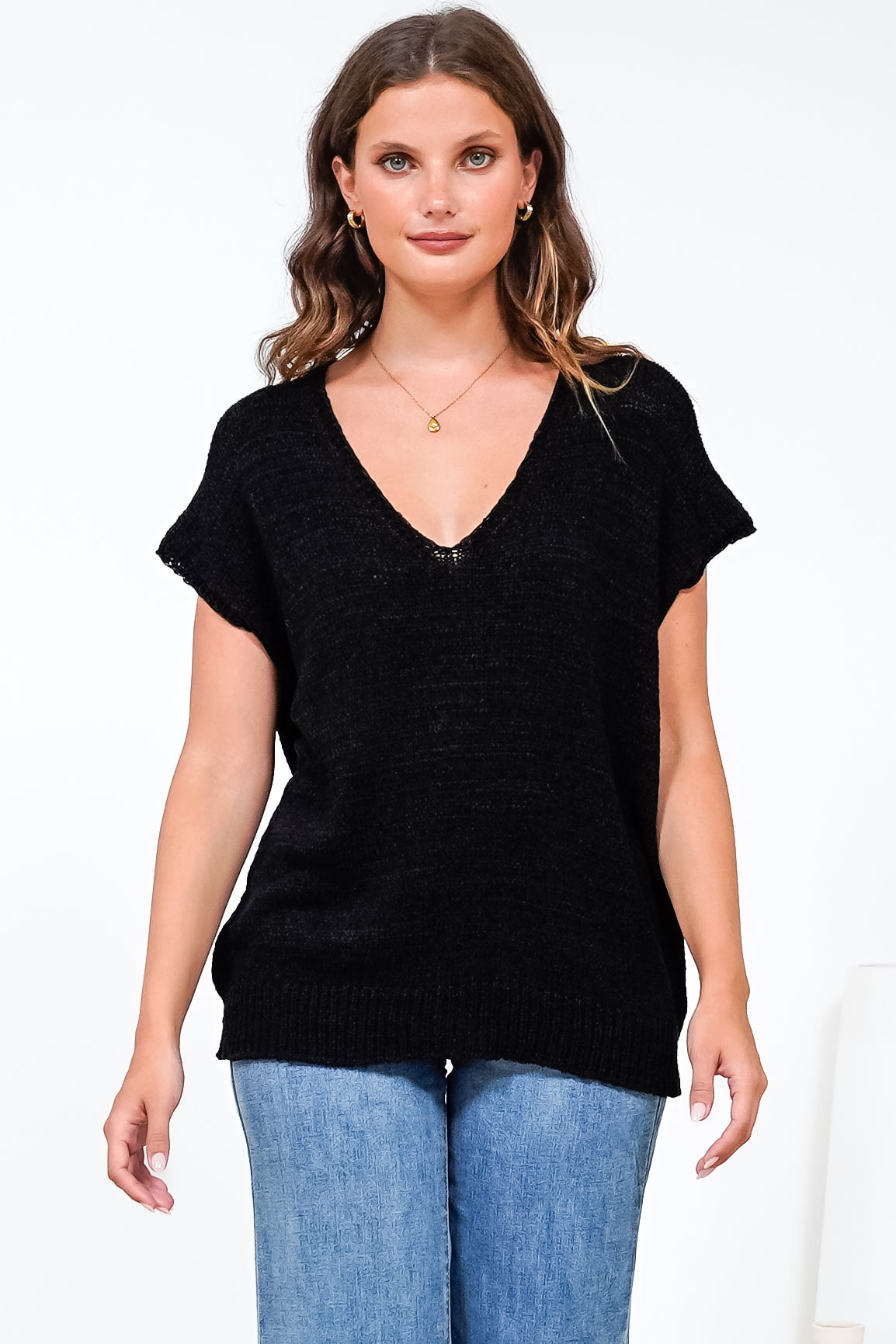 Millicent Knit Top - Relaxed V-Neck Top with Ribbed Hemline in Black
