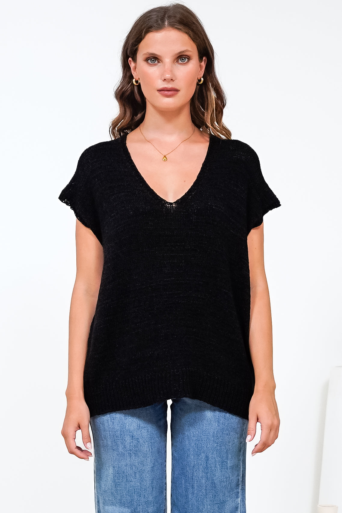 Millicent Knit Top - Relaxed V-Neck Top with Ribbed Hemline in Black