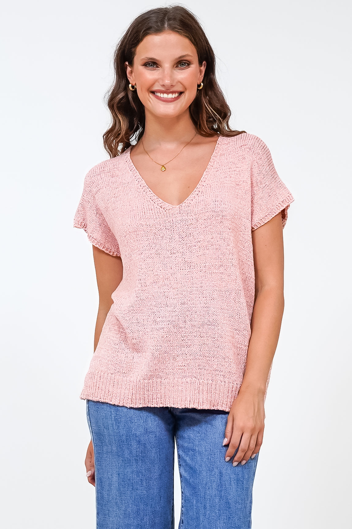 Millicent Knit Top - Relaxed V-Neck Top with Ribbed Hemline in Blush