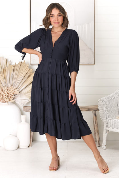 Milly Midi Dress - Tiered Button Down 3/4 Sleeve Dress in Navy