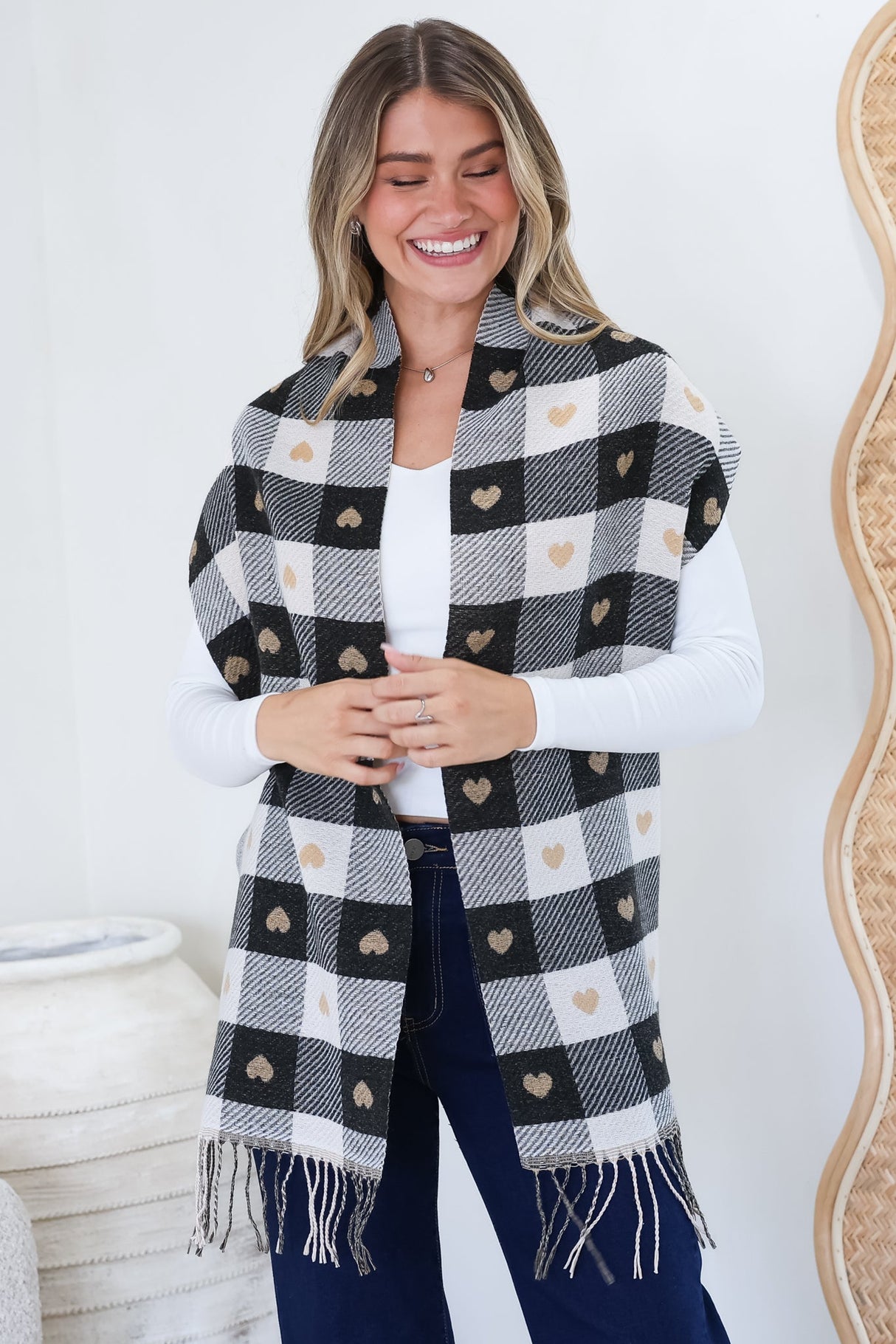 Minka Scarf - Soft Cozy Wrap Scarf with Heart and Check Print in Black