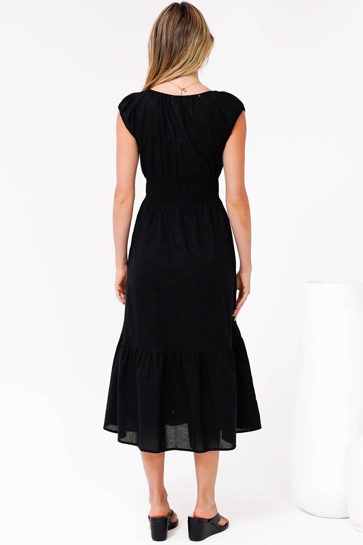 Miramar Midi Dress - V-Neck Gathered Bust Cap Sleeve Dress with Pockets in Black