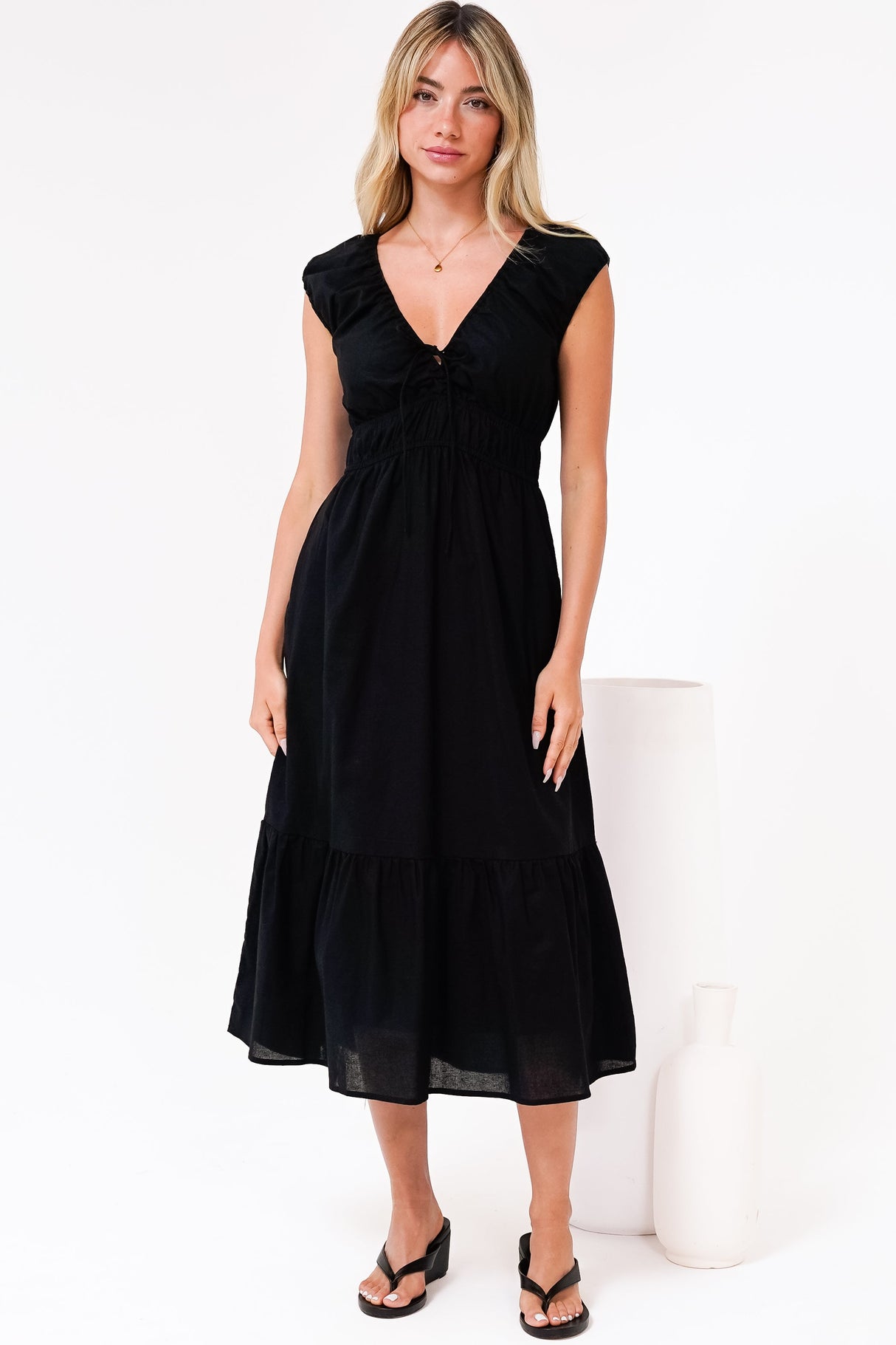 Miramar Midi Dress - V-Neck Gathered Bust Cap Sleeve Dress with Pockets in Black