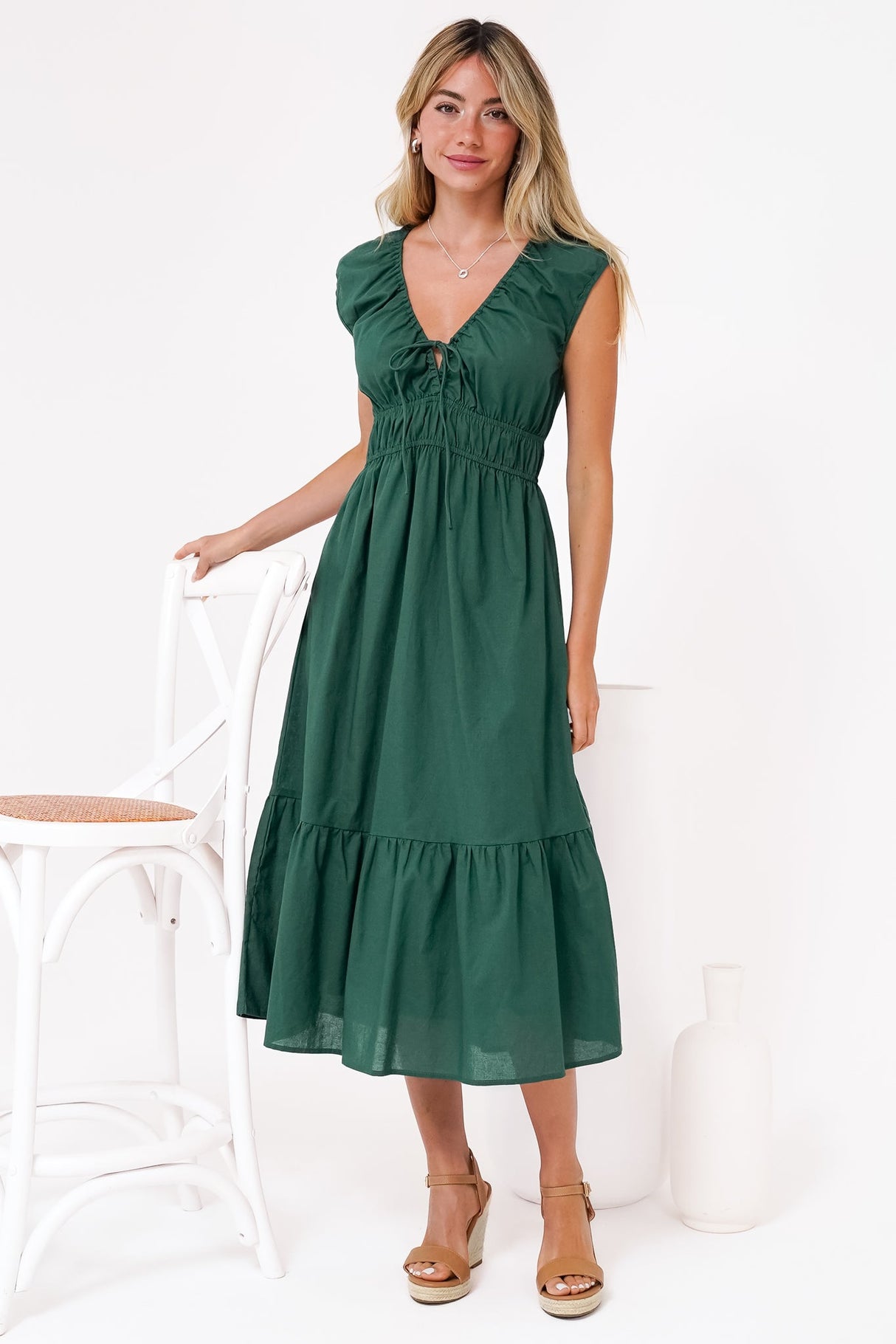 Miramar Midi Dress - V-Neck Gathered Bust Cap Sleeve Dress with Pockets in Emerald