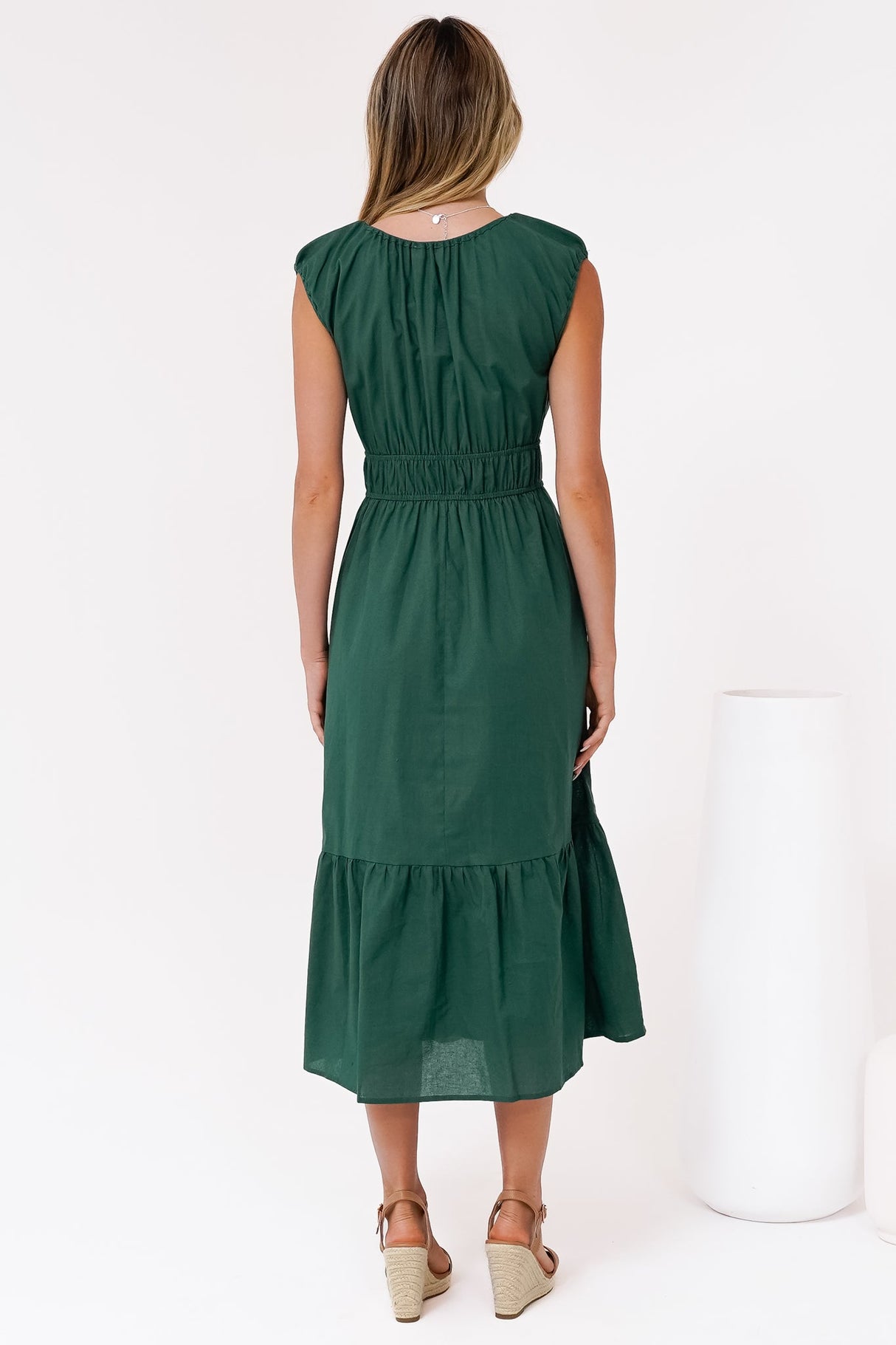 Miramar Midi Dress - V-Neck Gathered Bust Cap Sleeve Dress with Pockets in Emerald