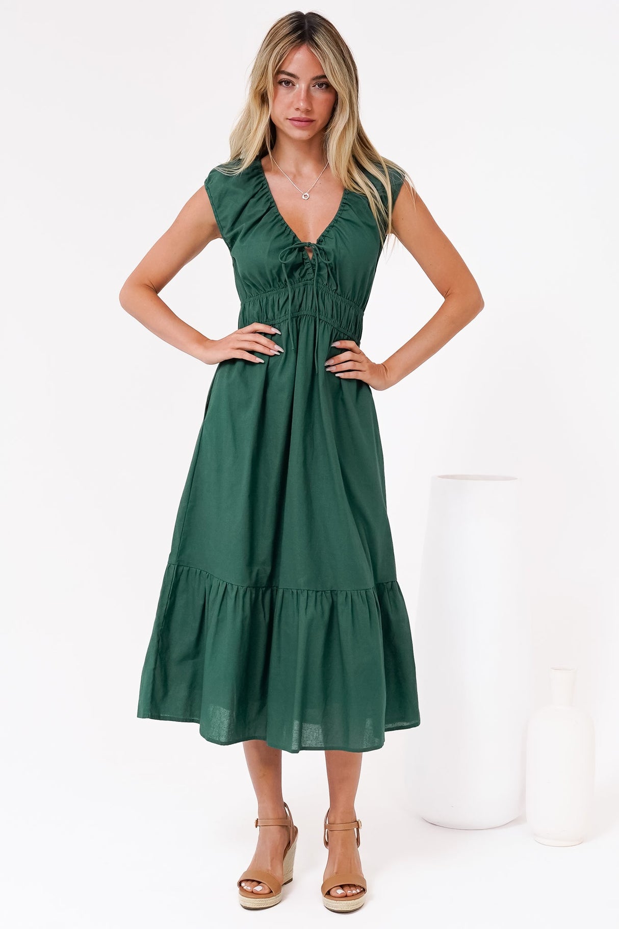 Miramar Midi Dress - V-Neck Gathered Bust Cap Sleeve Dress with Pockets in Emerald