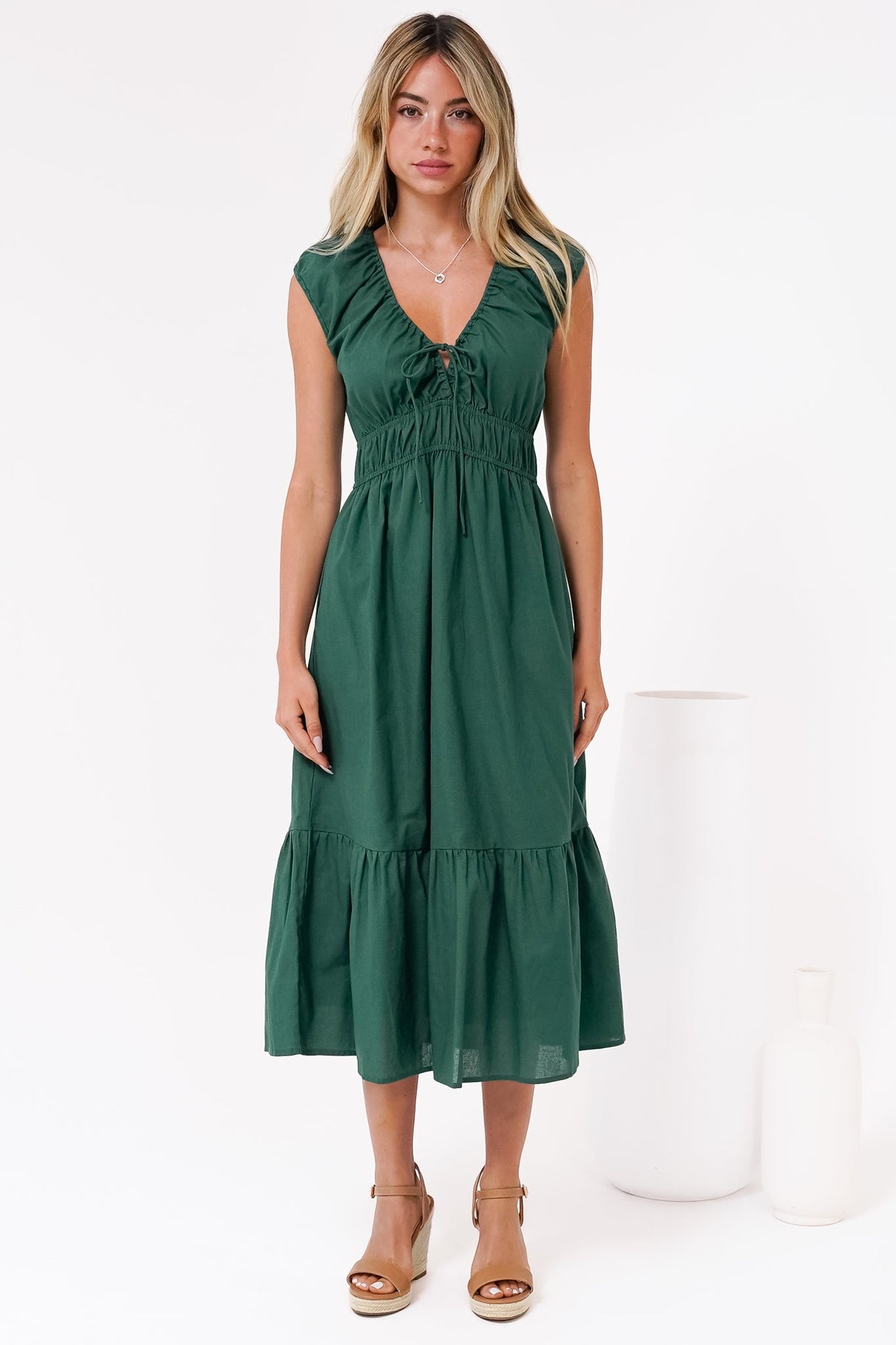 Miramar Midi Dress - V-Neck Gathered Bust Cap Sleeve Dress with Pockets in Emerald