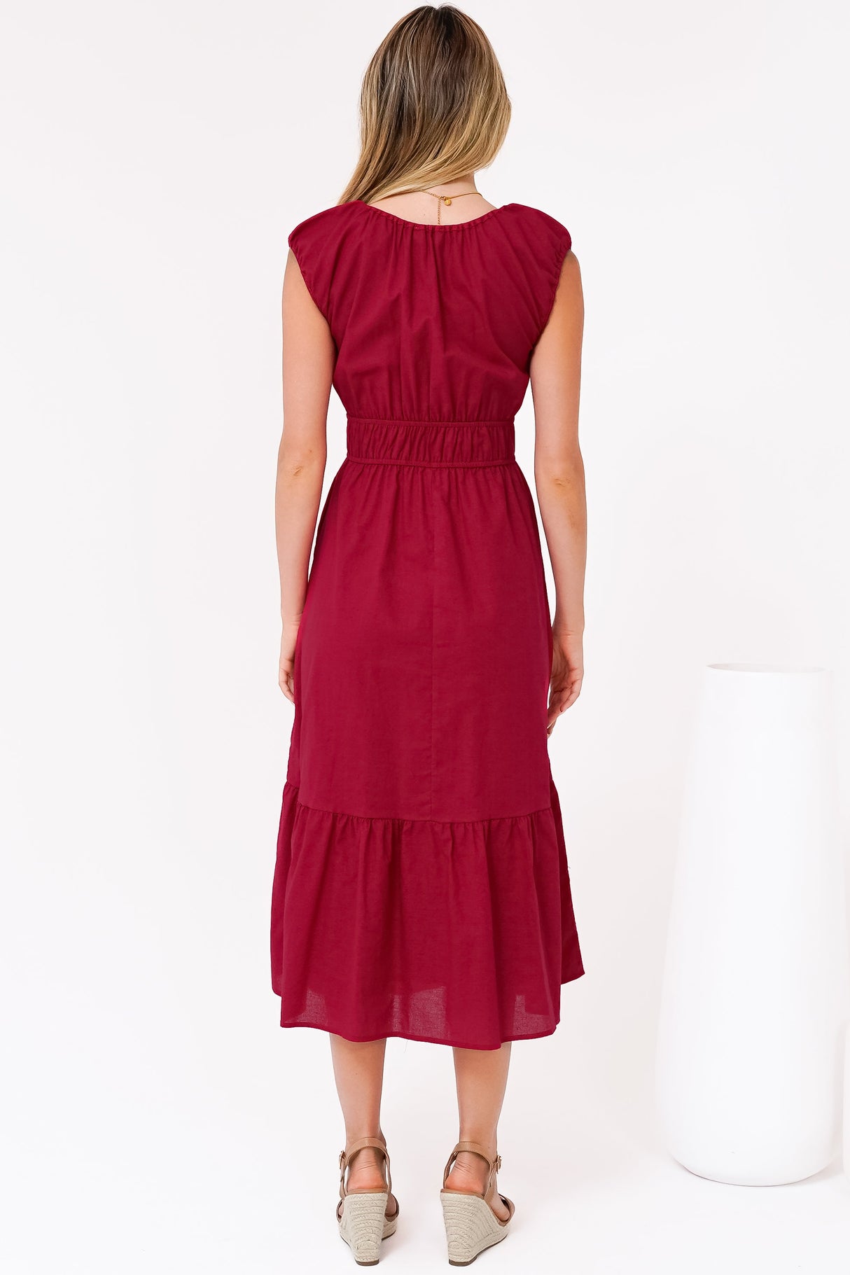 Miramar Midi Dress - V-Neck Gathered Bust Cap Sleeve Dress with Pockets in Red