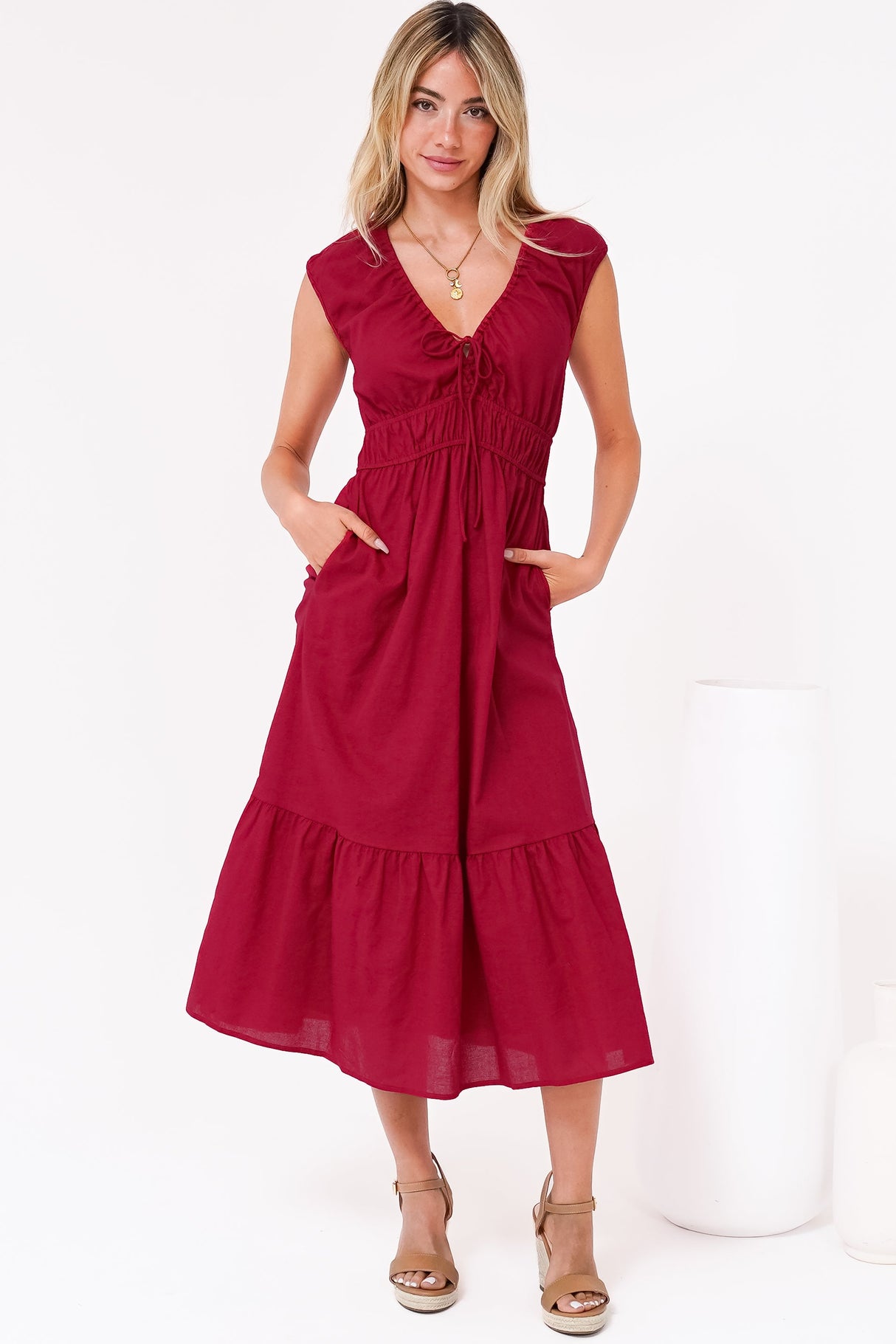Miramar Midi Dress - V-Neck Gathered Bust Cap Sleeve Dress with Pockets in Red