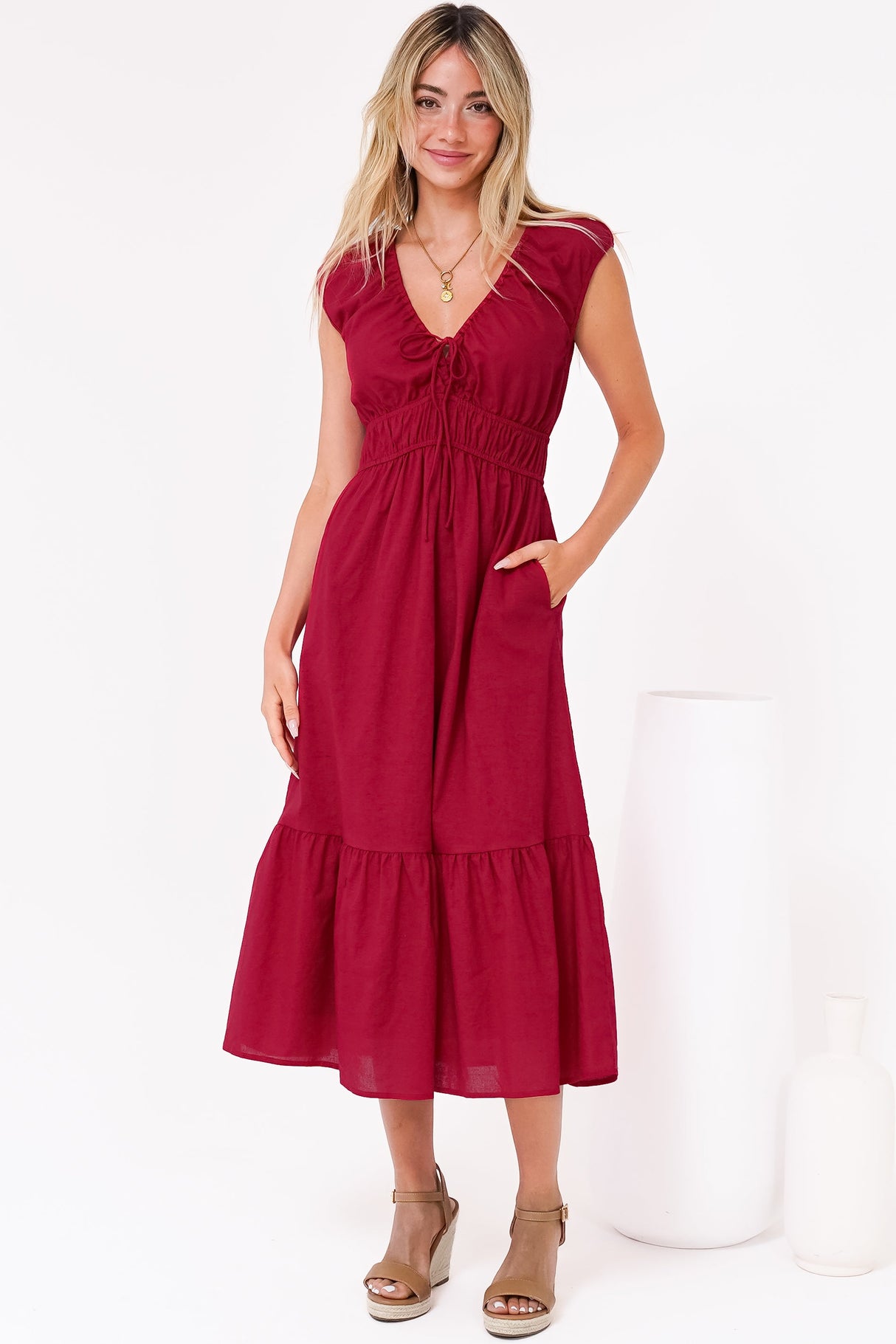 Miramar Midi Dress - V-Neck Gathered Bust Cap Sleeve Dress with Pockets in Red