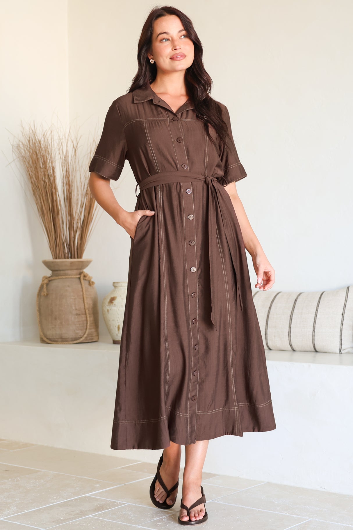 Miranda Midi Dress - Contrast Stitching Shirt Dress with Matching Waist Tie in Chocolate