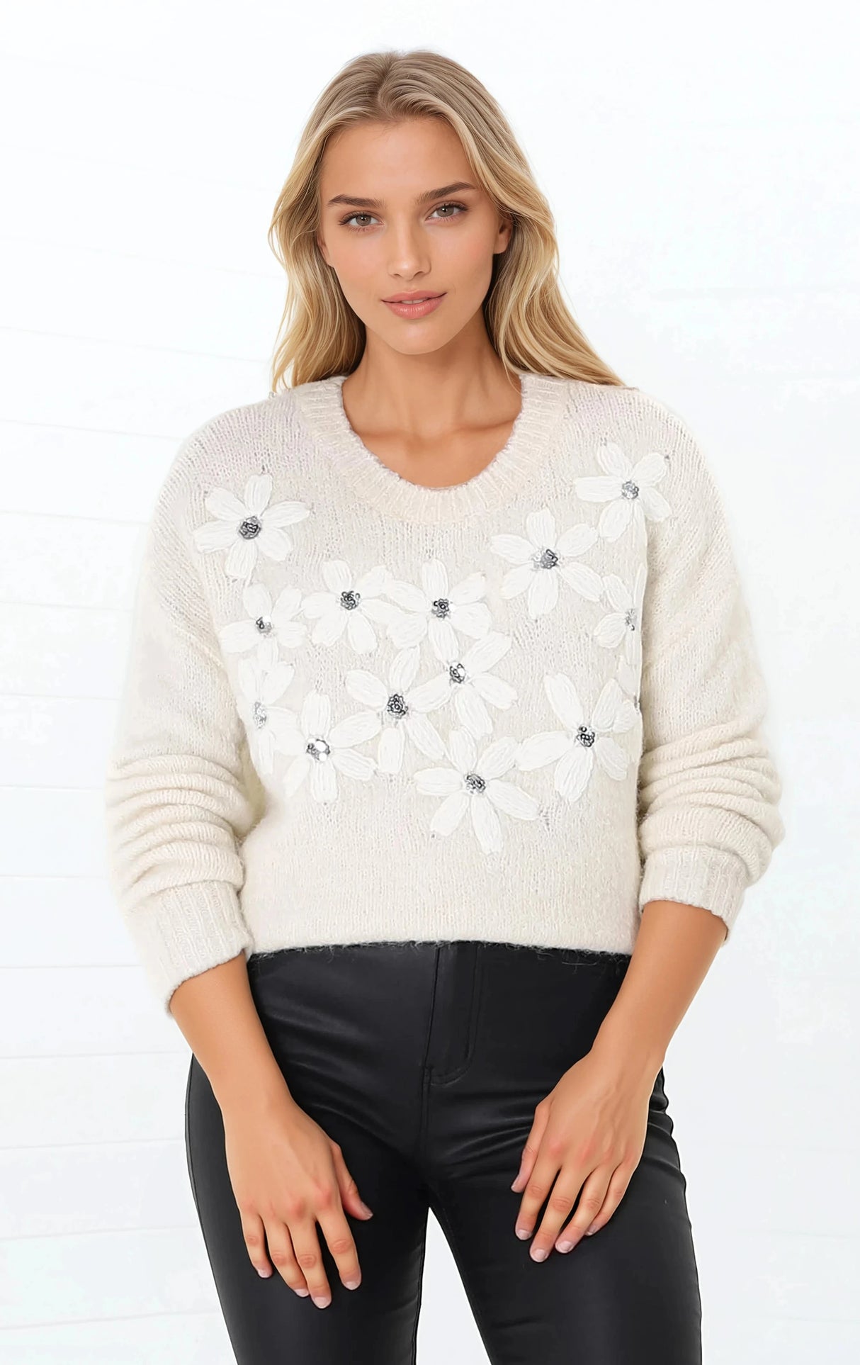 Mirela Jumper - Embroidered Flower Detail V Neck Jumper in Cream
