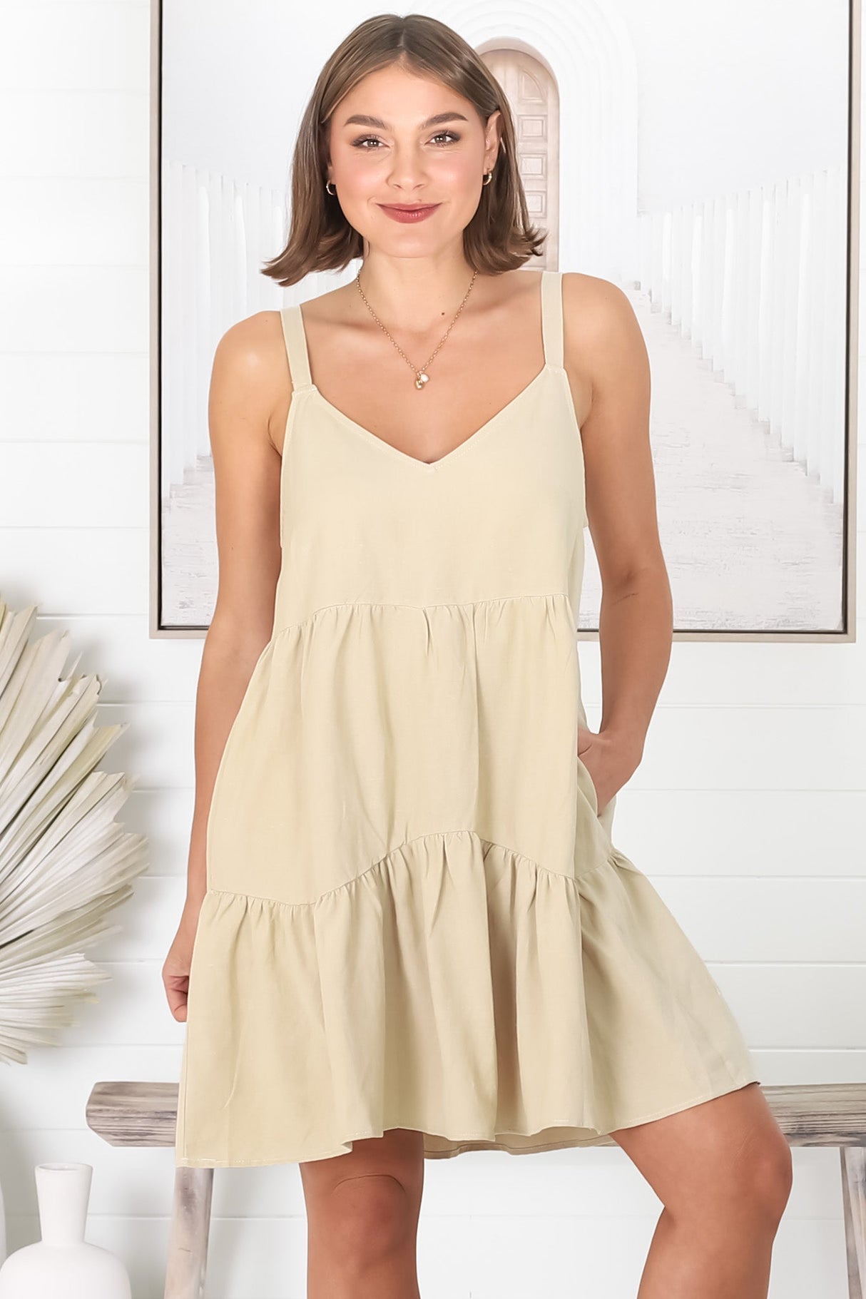 Missy Mini Dress - Thick Adjustable Strap Tiered Sun Dress in Beige
