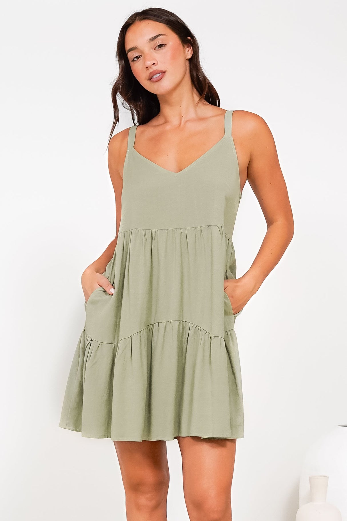 Missy Mini Dress - Thick Adjustable Strap Tiered Sun Dress in Sage