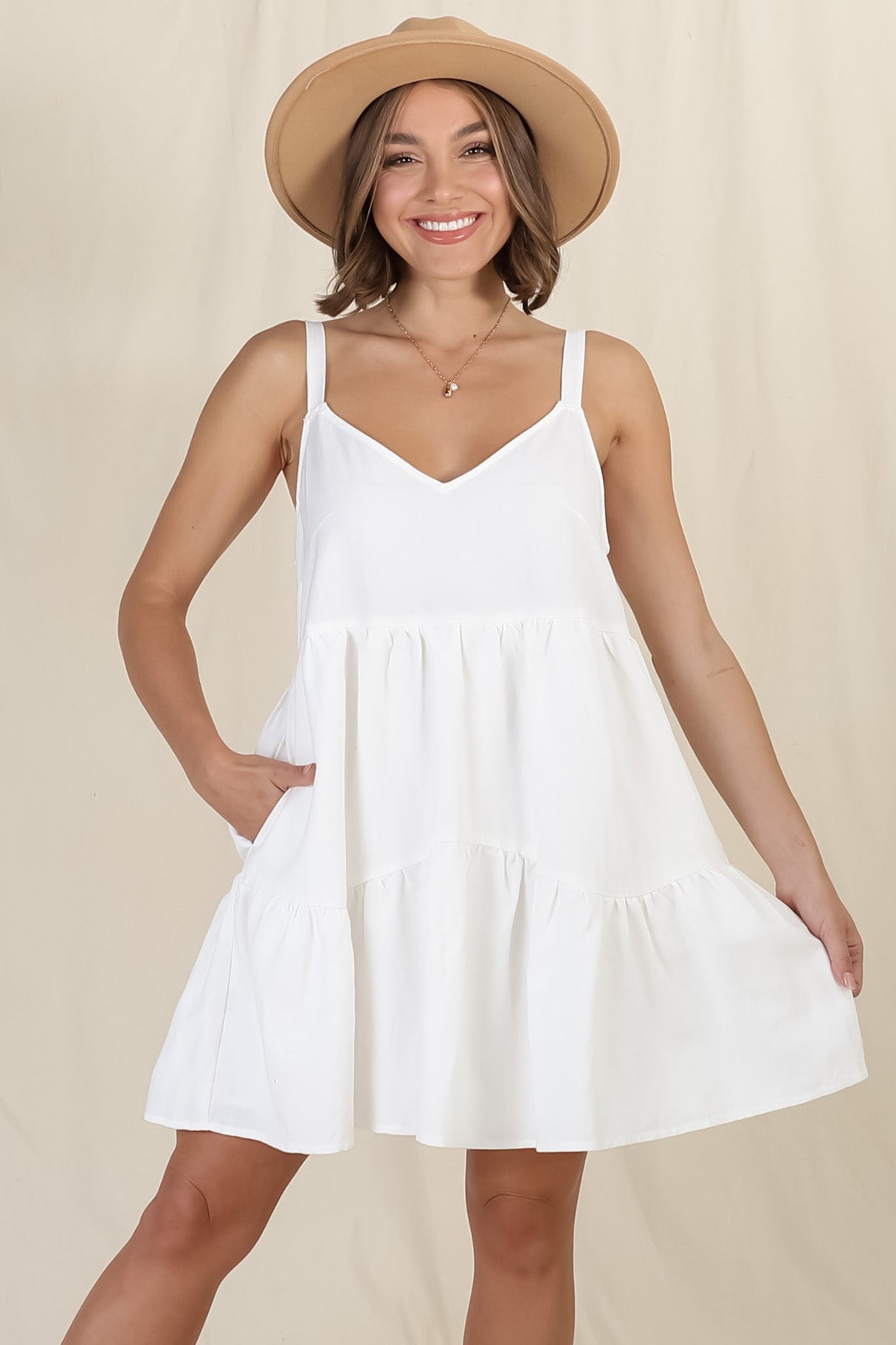 Missy Mini Dress - Thick Adjustable Strap Tiered Sun Dress in White
