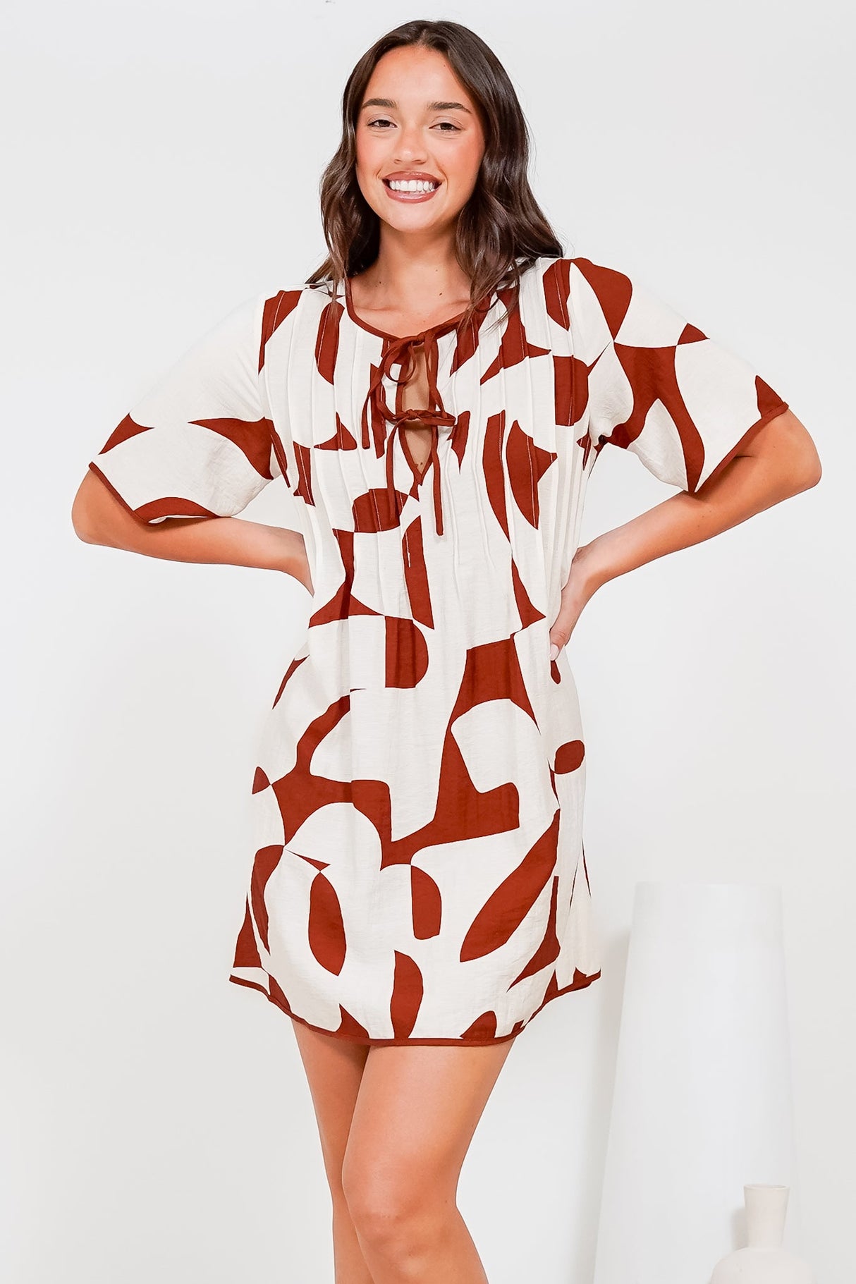 Mitchell Mini Dress - Short Sleeve Boxy Dress with Pleat Detailing in Oasis Print