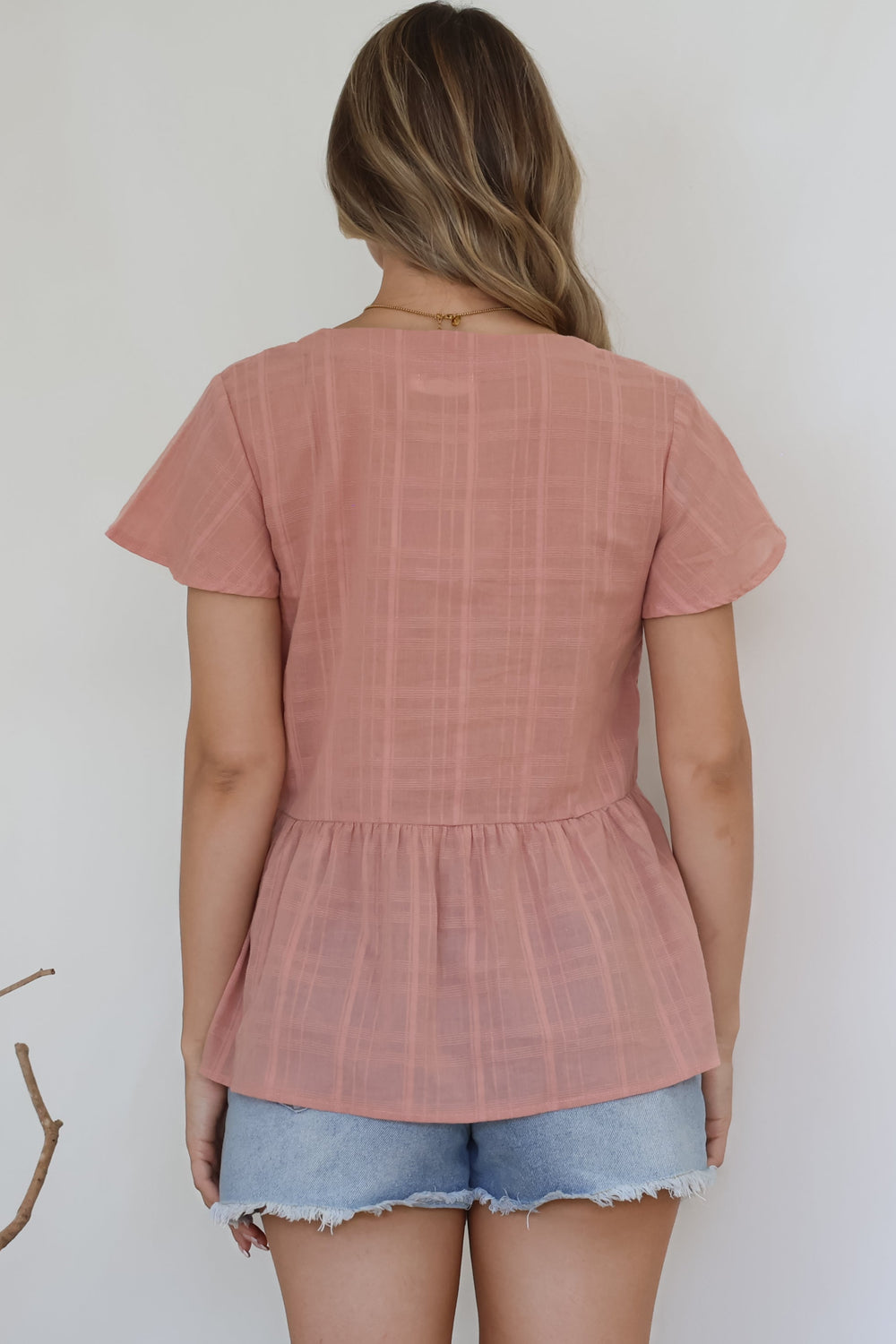 Mitzy Top - Textured Button Down Top with Cap Sleeves in Blush