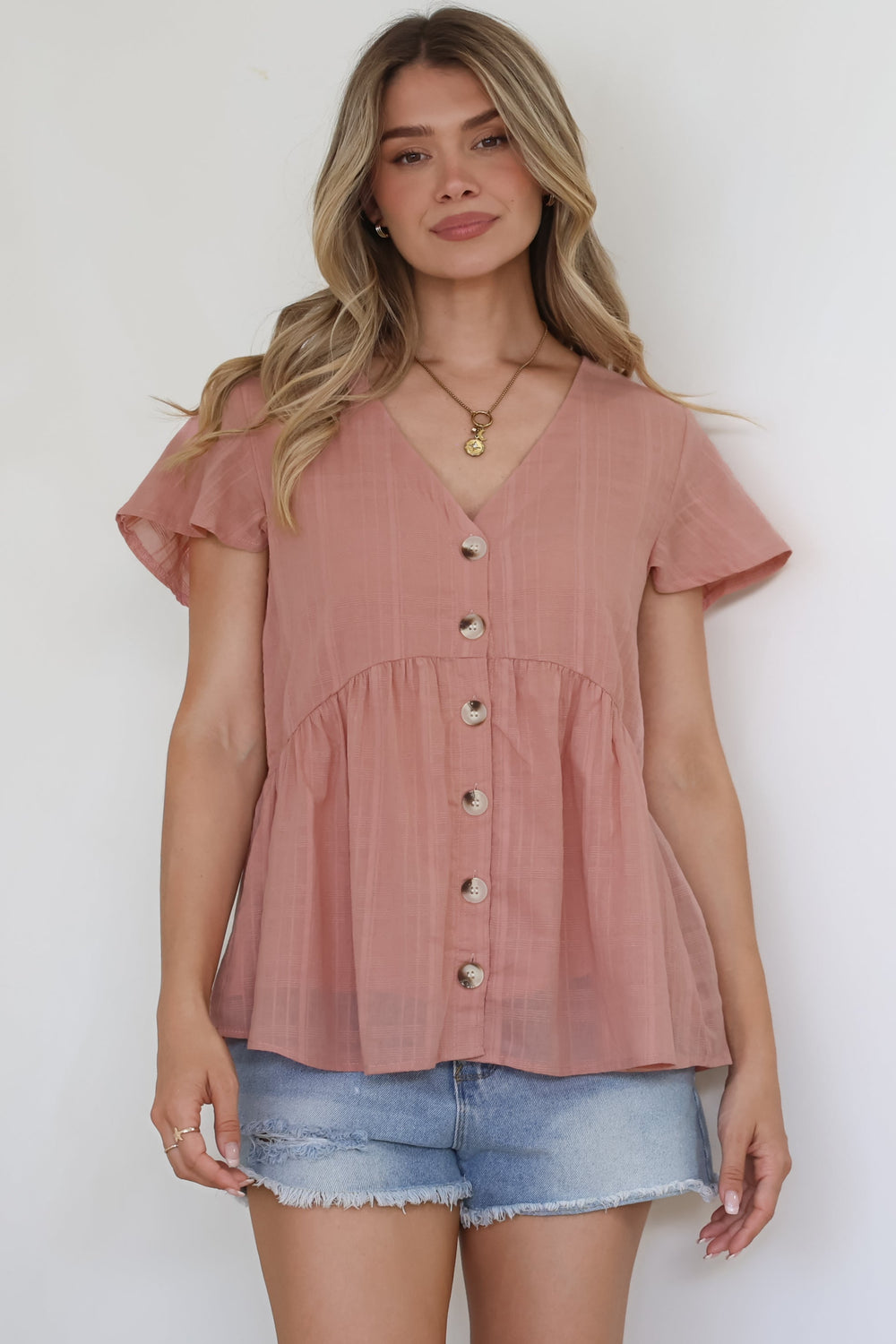 Mitzy Top - Textured Button Down Top with Cap Sleeves in Blush
