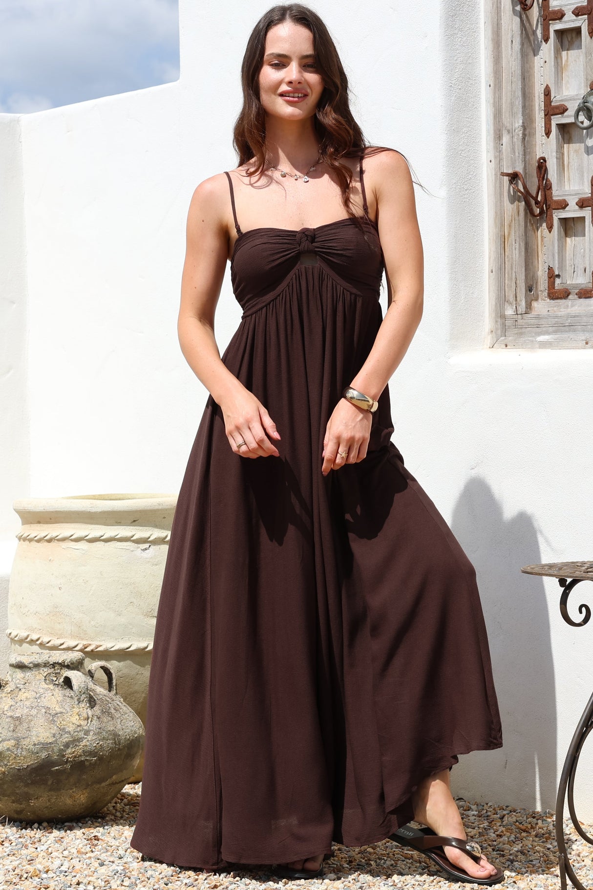 Moira Maxi Dress - Twist Front Keyhole Detail Sun Dress with Optional Straps in Chocolate