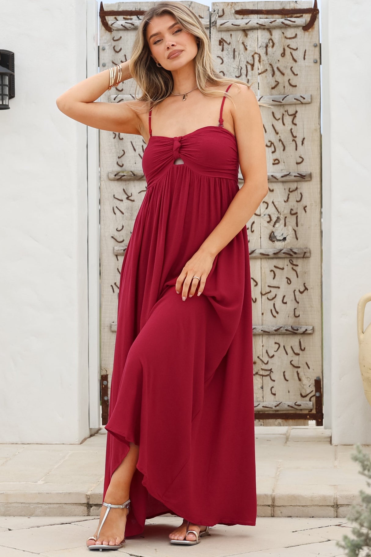Moira Maxi Dress - Twist Front Keyhole Detail Sun Dress with Optional Straps in Red