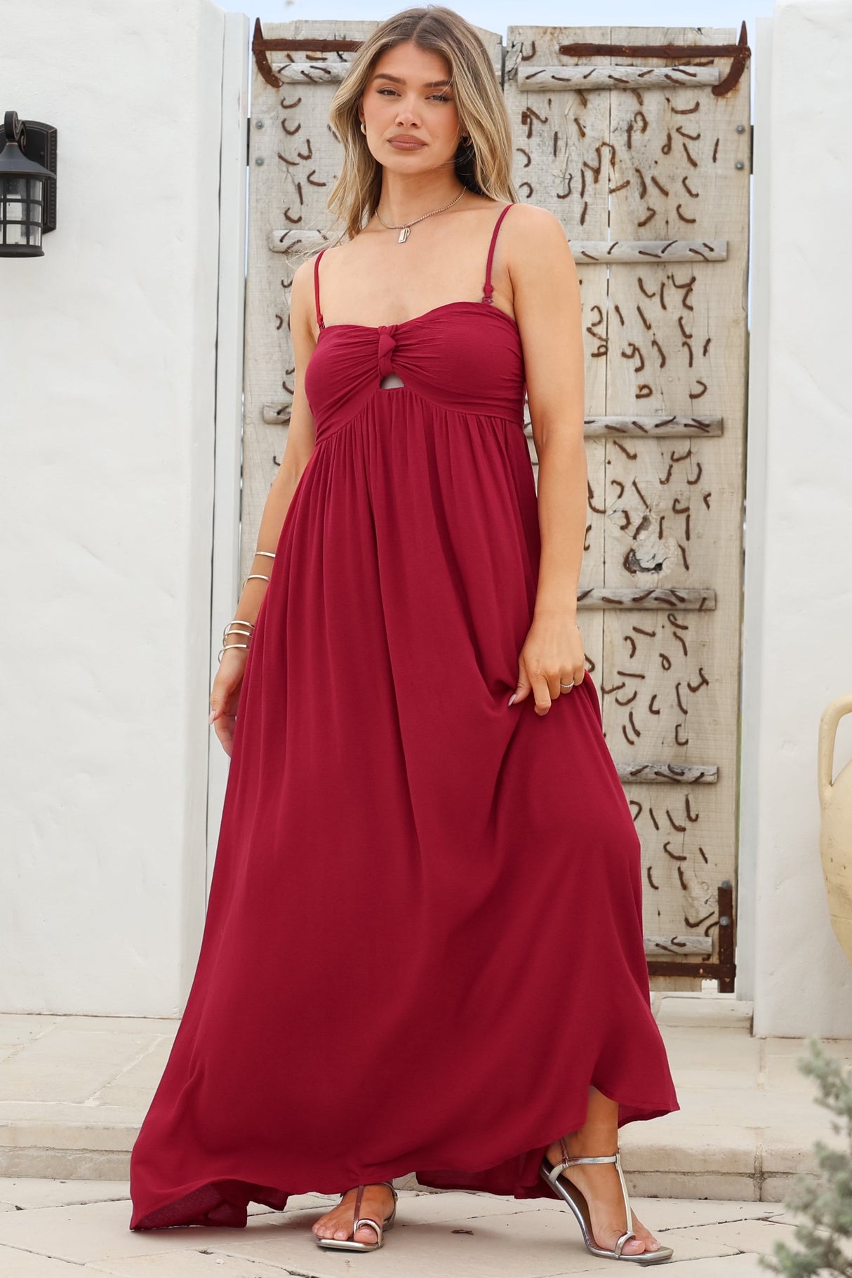 Moira Maxi Dress - Twist Front Keyhole Detail Sun Dress with Optional Straps in Red