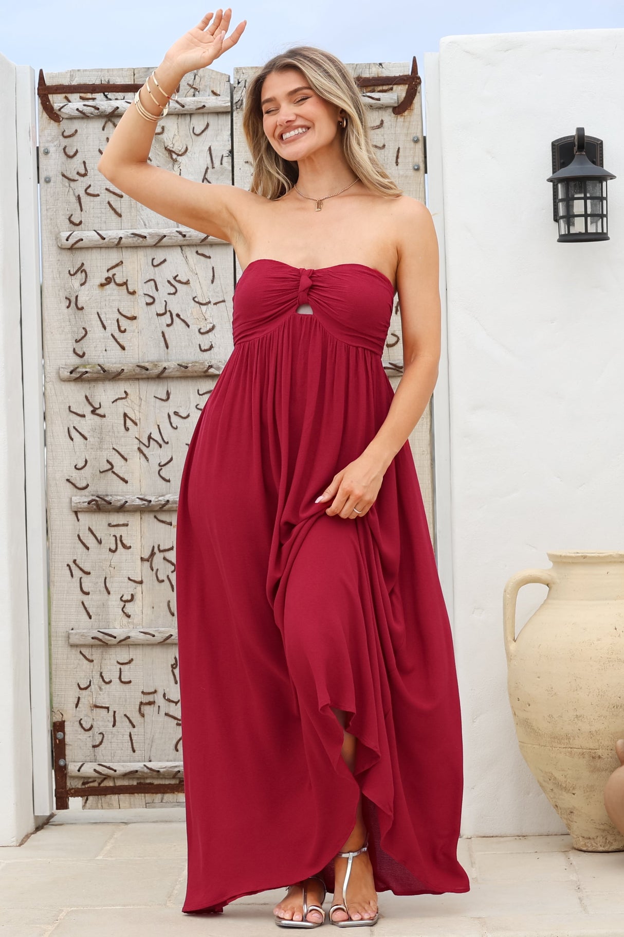 Moira Maxi Dress - Twist Front Keyhole Detail Sun Dress with Optional Straps in Red