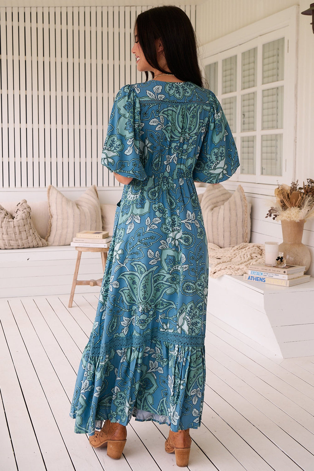 Molli Maxi Dress - Button Down A-Line Dress with Tied Sleeves in Serenade Print
