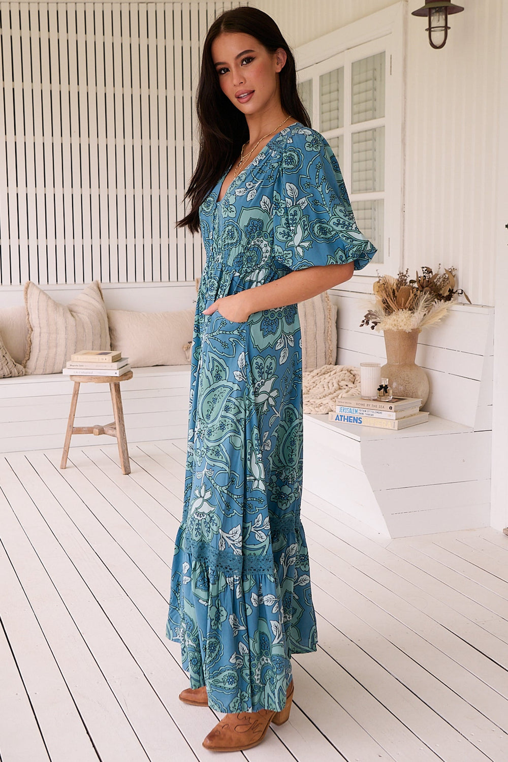 Molli Maxi Dress - Button Down A-Line Dress with Tied Sleeves in Serenade Print