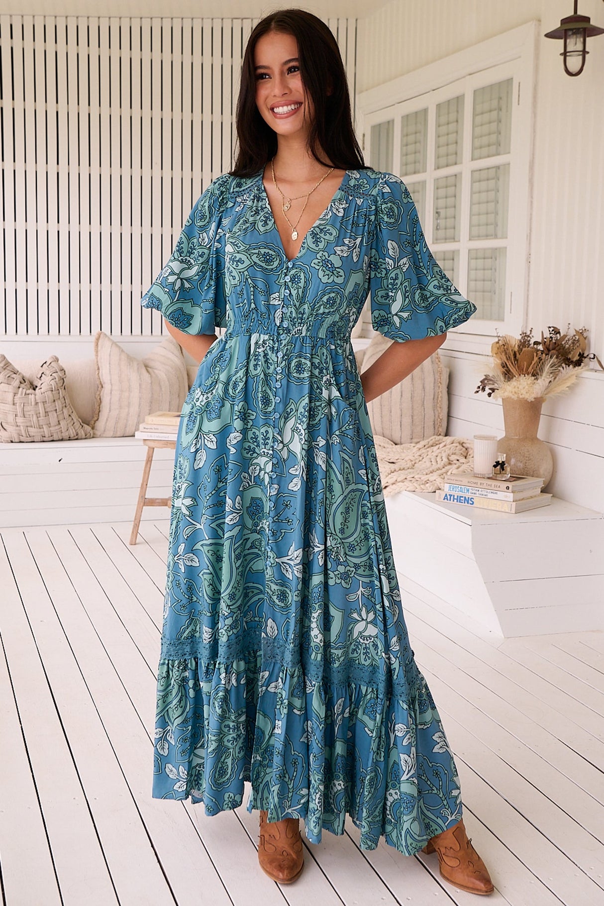 Molli Maxi Dress - Button Down A-Line Dress with Tied Sleeves in Serenade Print