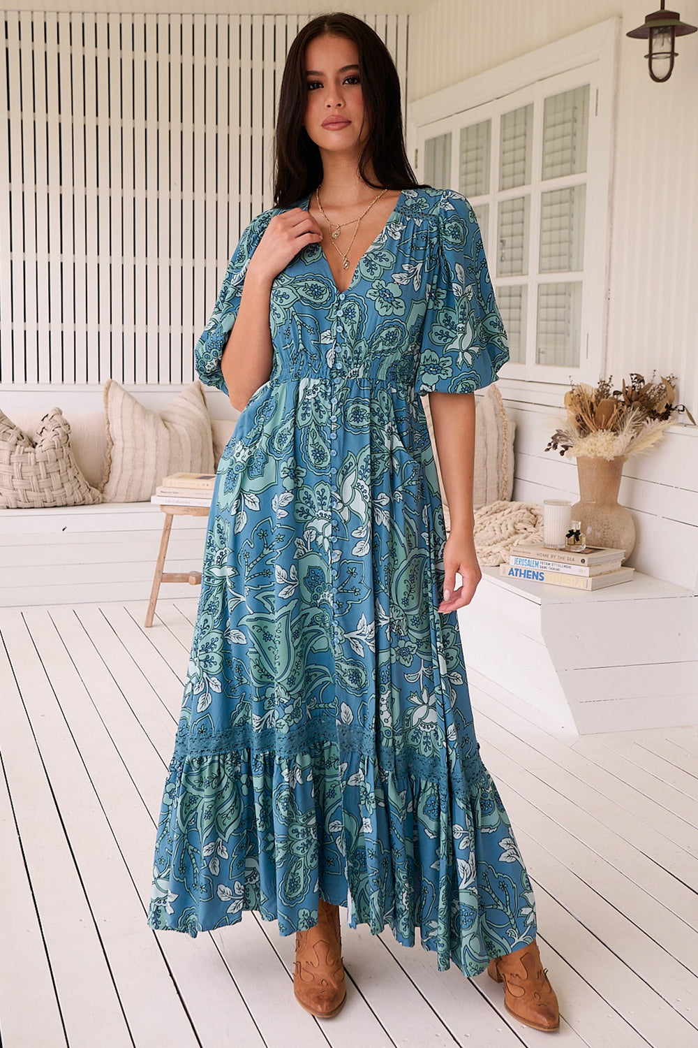 Molli Maxi Dress - Button Down A-Line Dress with Tied Sleeves in Serenade Print