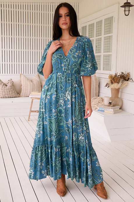 JAASE - Molli Maxi Dress: Button Down A-Line Dress with Tied Sleeves in Serenade Print