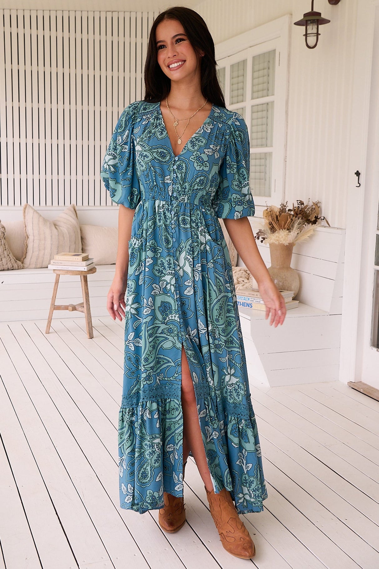 Molli Maxi Dress - Button Down A-Line Dress with Tied Sleeves in Serenade Print