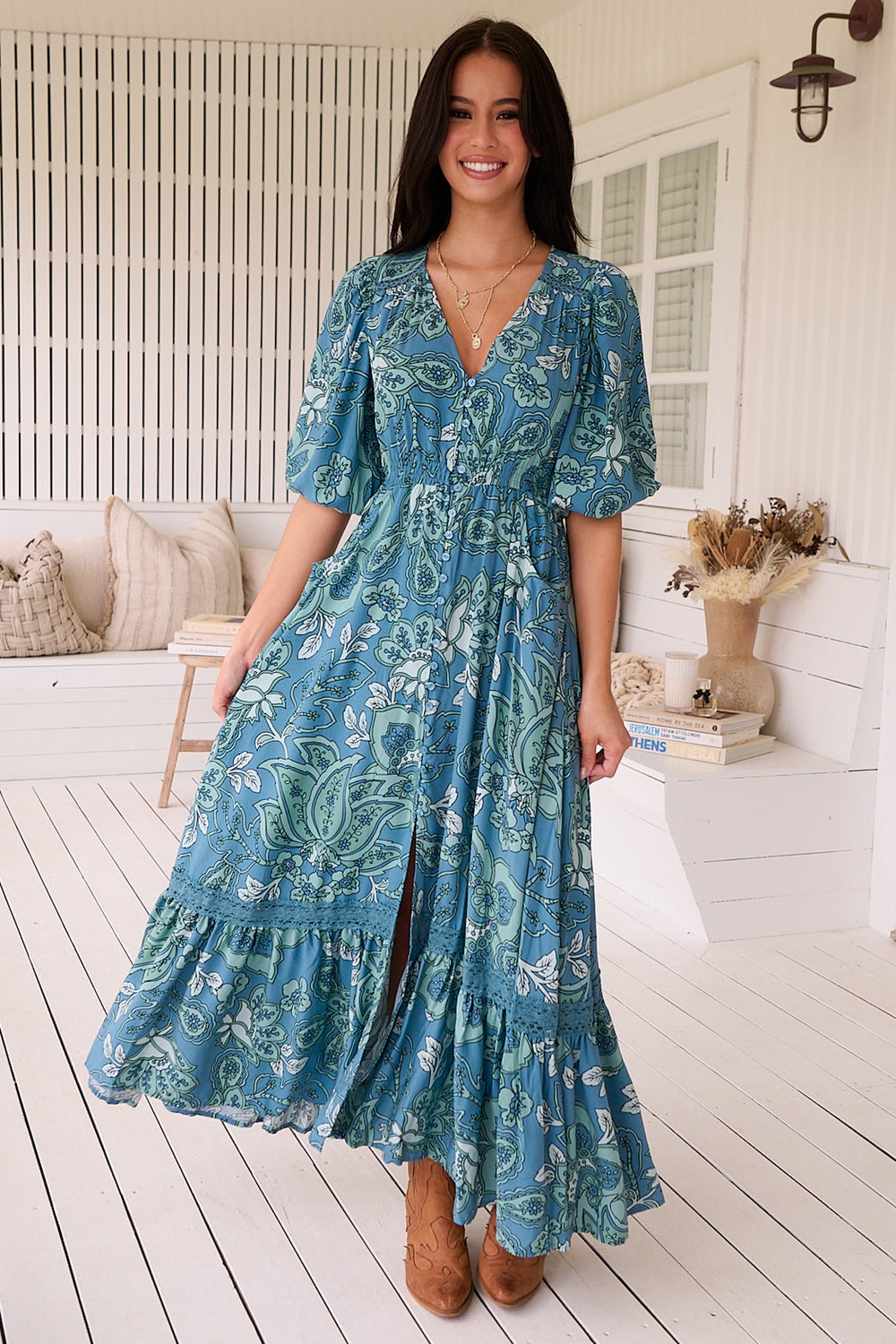 Molli Maxi Dress - Button Down A-Line Dress with Tied Sleeves in Serenade Print
