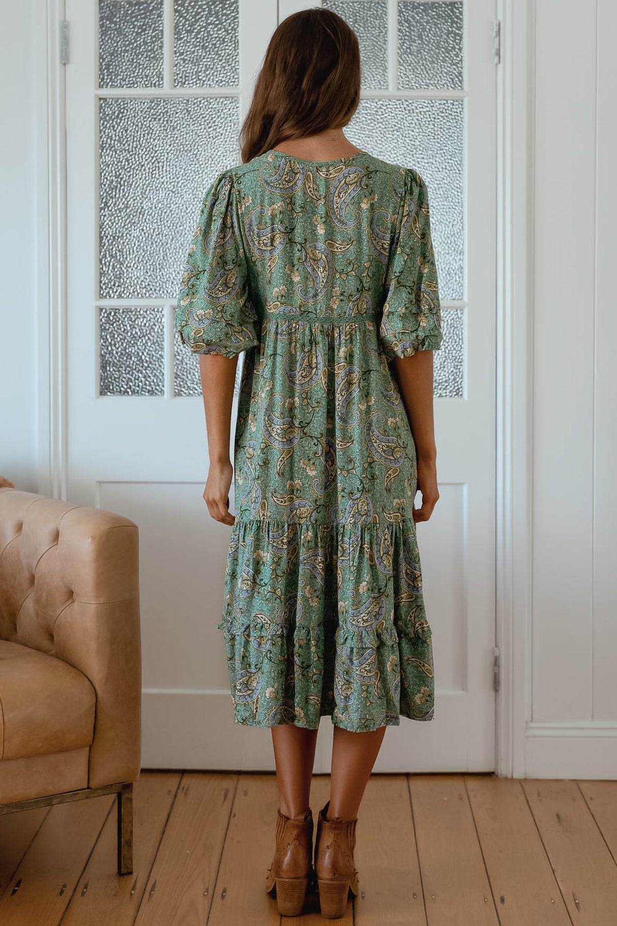 JAASE - Monday Midi Dress: V Neck Crochet Bustline Smock Dress with Balloon Sleeves in Sagewood Print