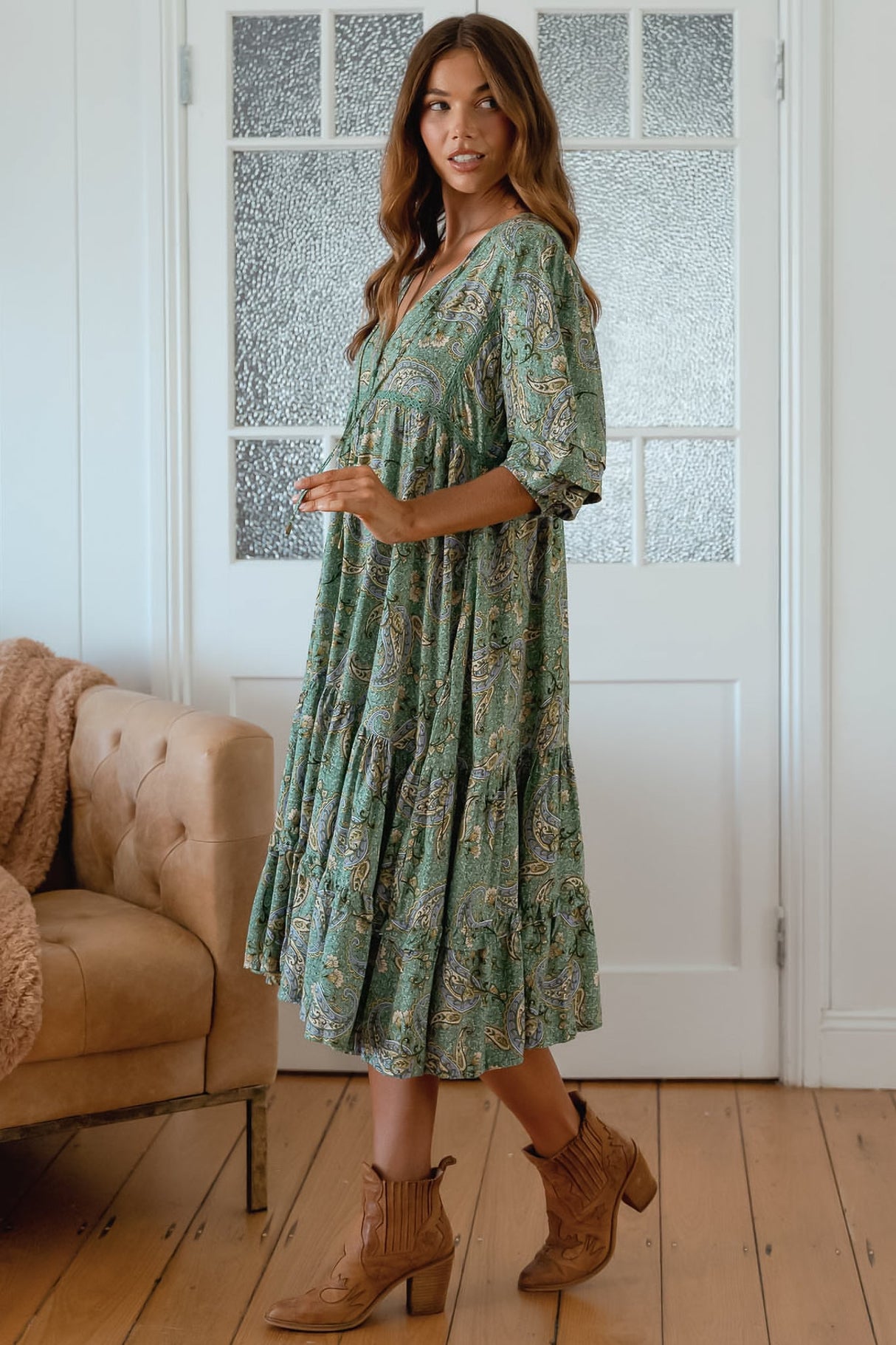 JAASE - Monday Midi Dress: V Neck Crochet Bustline Smock Dress with Balloon Sleeves in Sagewood Print