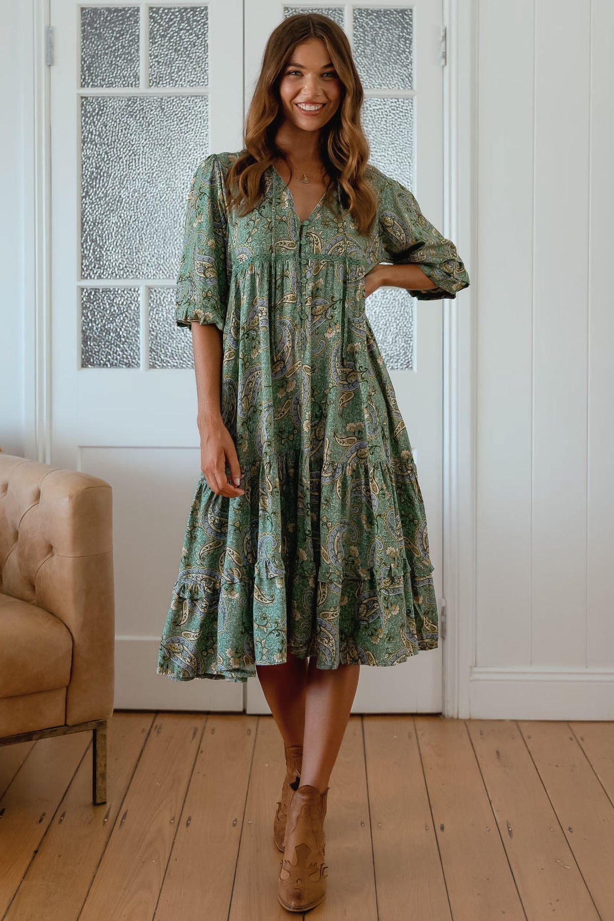 JAASE - Monday Midi Dress: V Neck Crochet Bustline Smock Dress with Balloon Sleeves in Sagewood Print