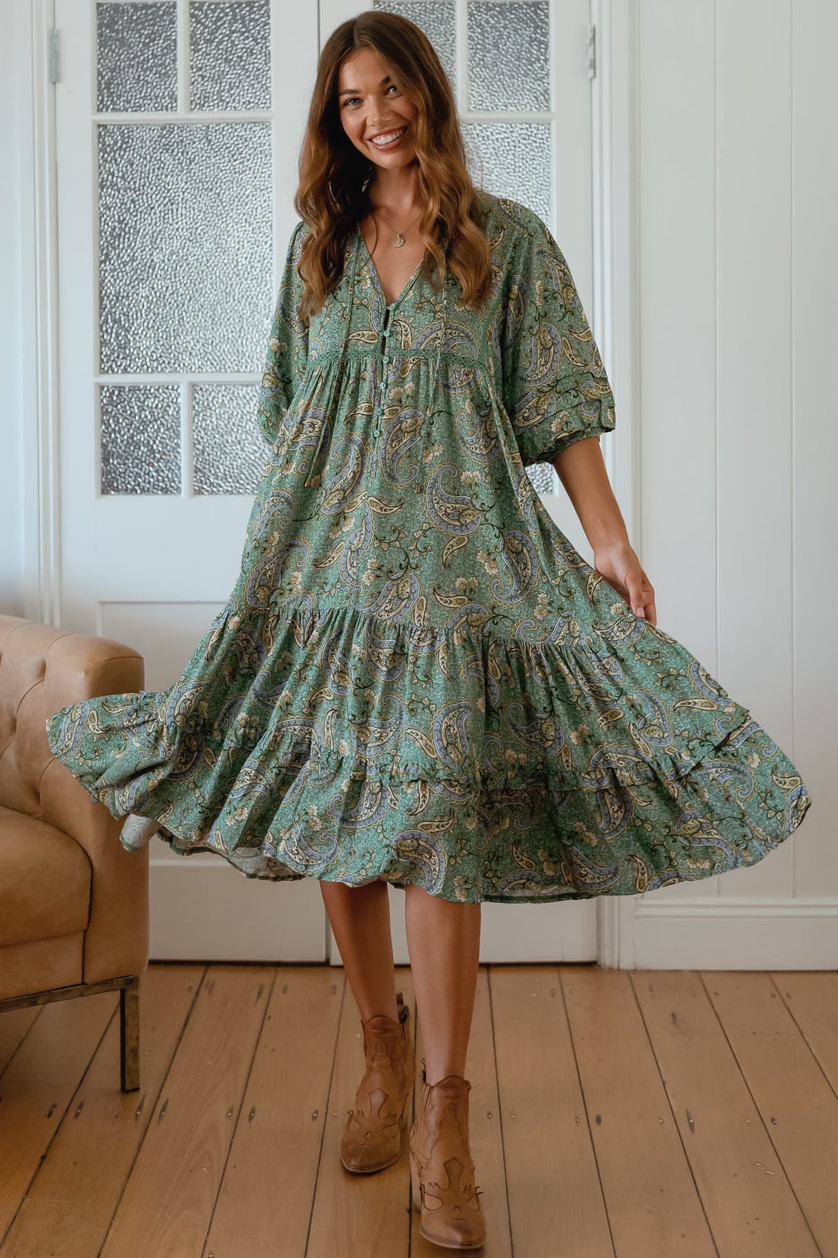 JAASE - Monday Midi Dress: V Neck Crochet Bustline Smock Dress with Balloon Sleeves in Sagewood Print